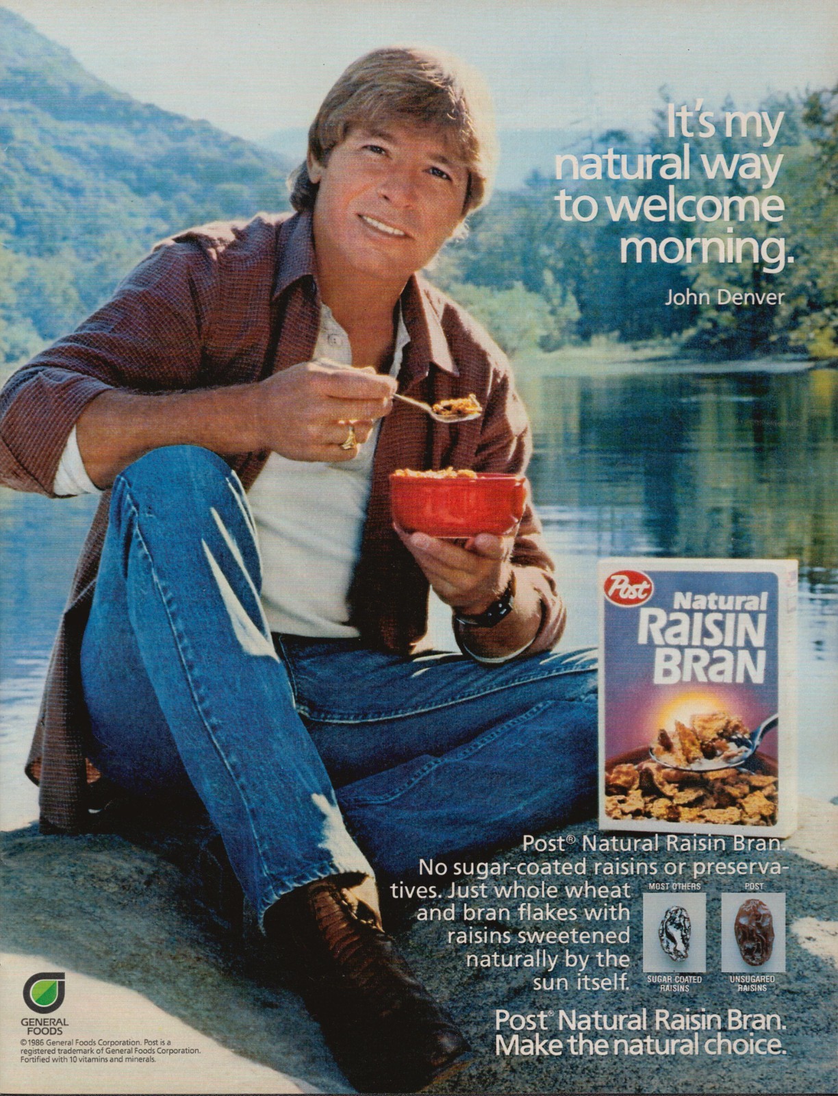 John Denver Post Natural Raisin Bran Breakfast Cereal Celebrity Print Ad 1986