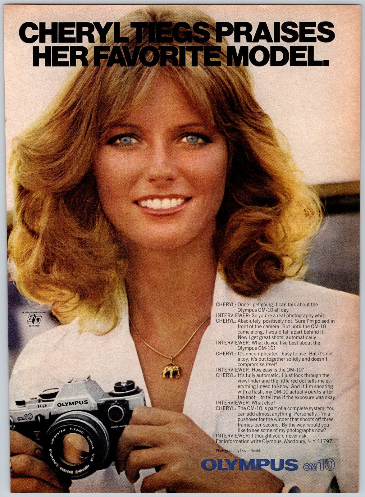1980 CHERYL TIEGS OLYMPUS CAMERA Vintage 8″X11″ Magazine Ad 1980’s HTN31