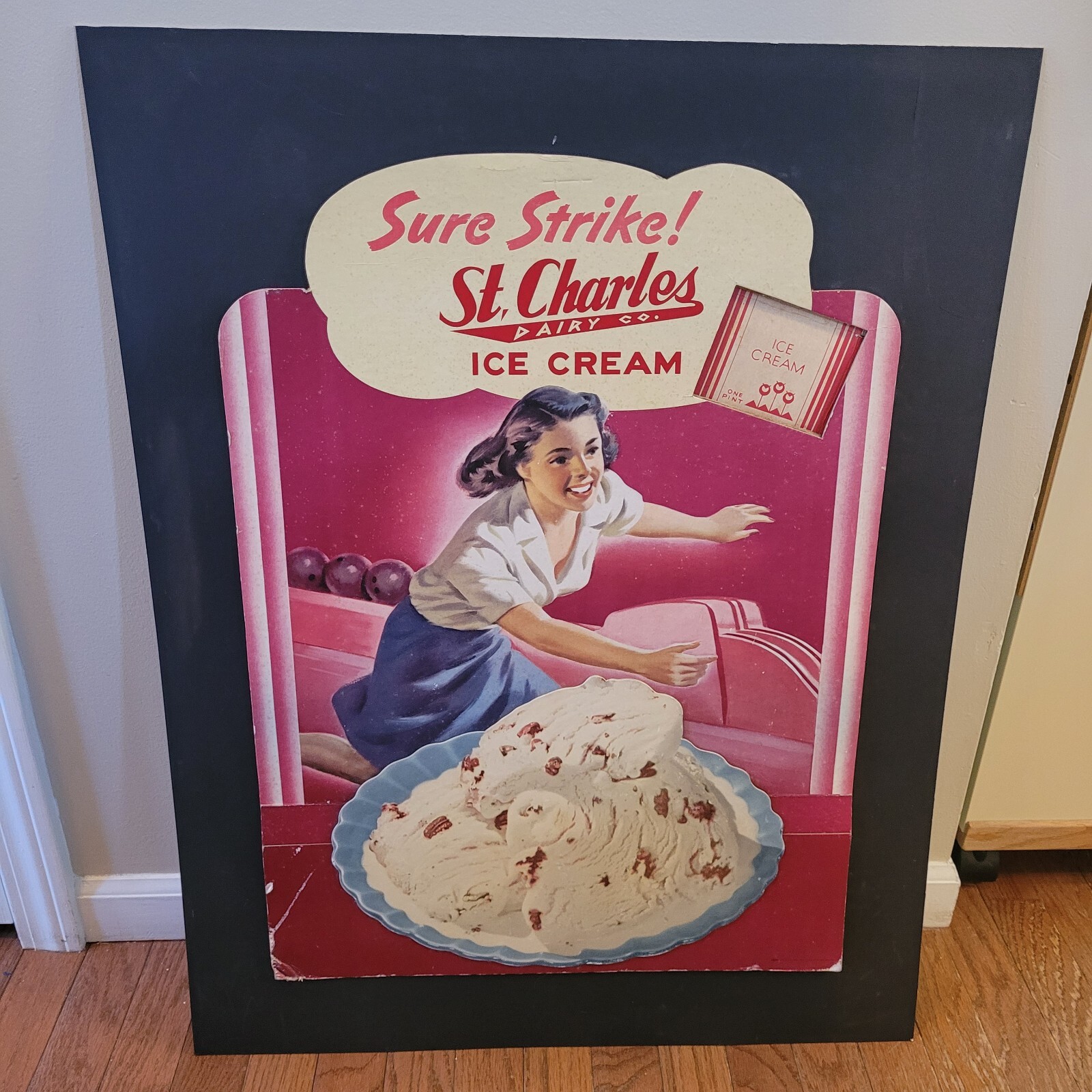 VTG 1950s ST CHARLES ICE CREAM DAIRY SURE STRIKE BOWLING MATTED CARDBOARD SIGN