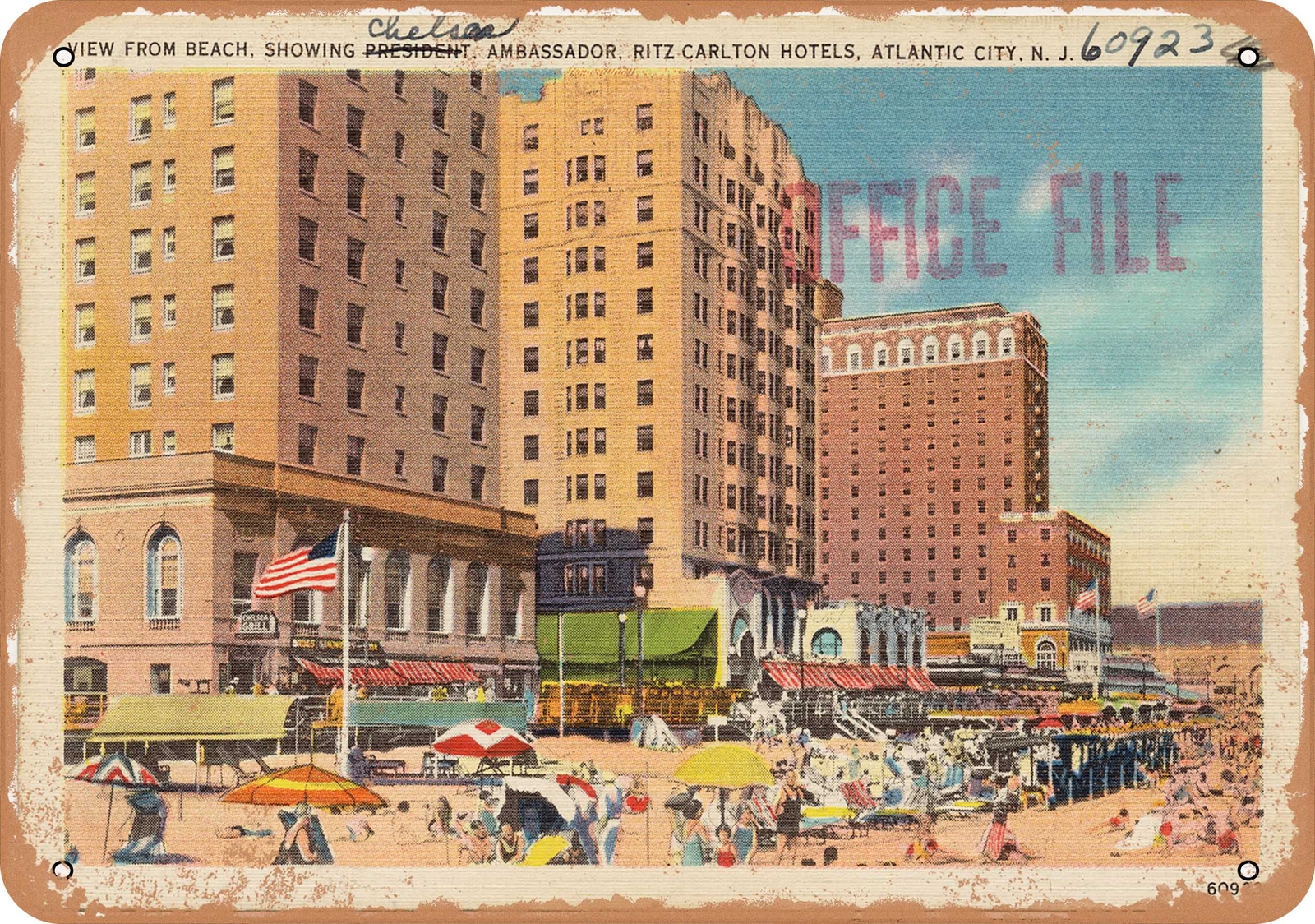 Metal Sign – New Jersey Postcard – View from beach, showing Chelsea, Ambassador