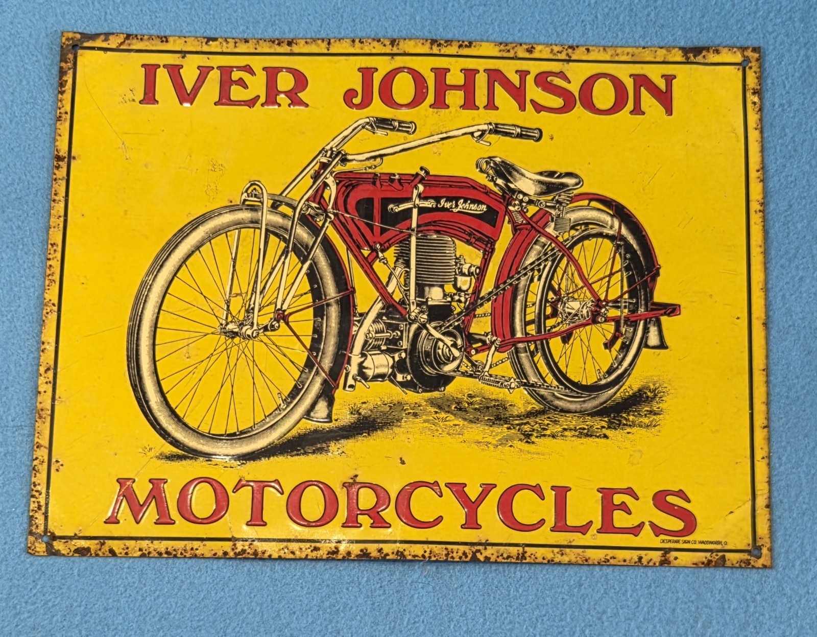 Vintage Iver Johnson Motorcycles 9″×12″ Metal Sign Desperate Co Rustic Barn Rare