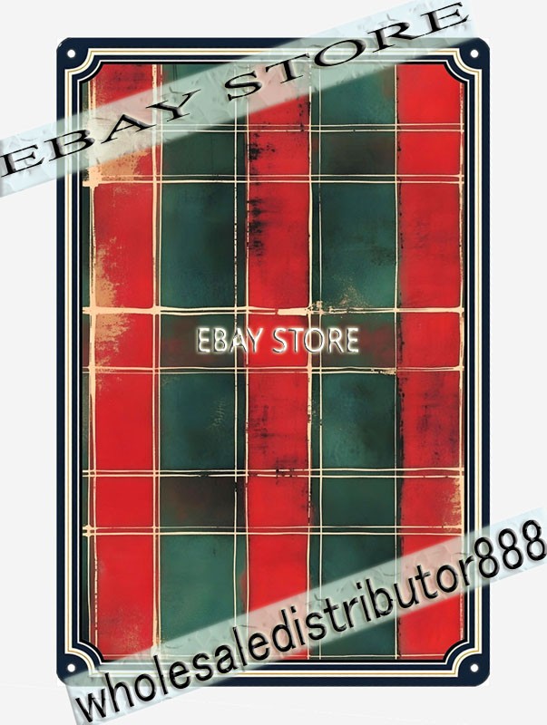 Red Green Plaid Metal Tin Sign Classic Holiday Pattern indoor wall