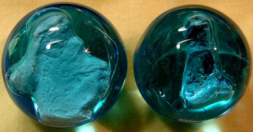 (2) ARTIST MADE CRACKER JACK ADV SAILOR JACK & BINGO BLUE SULPHIDE MARBLES