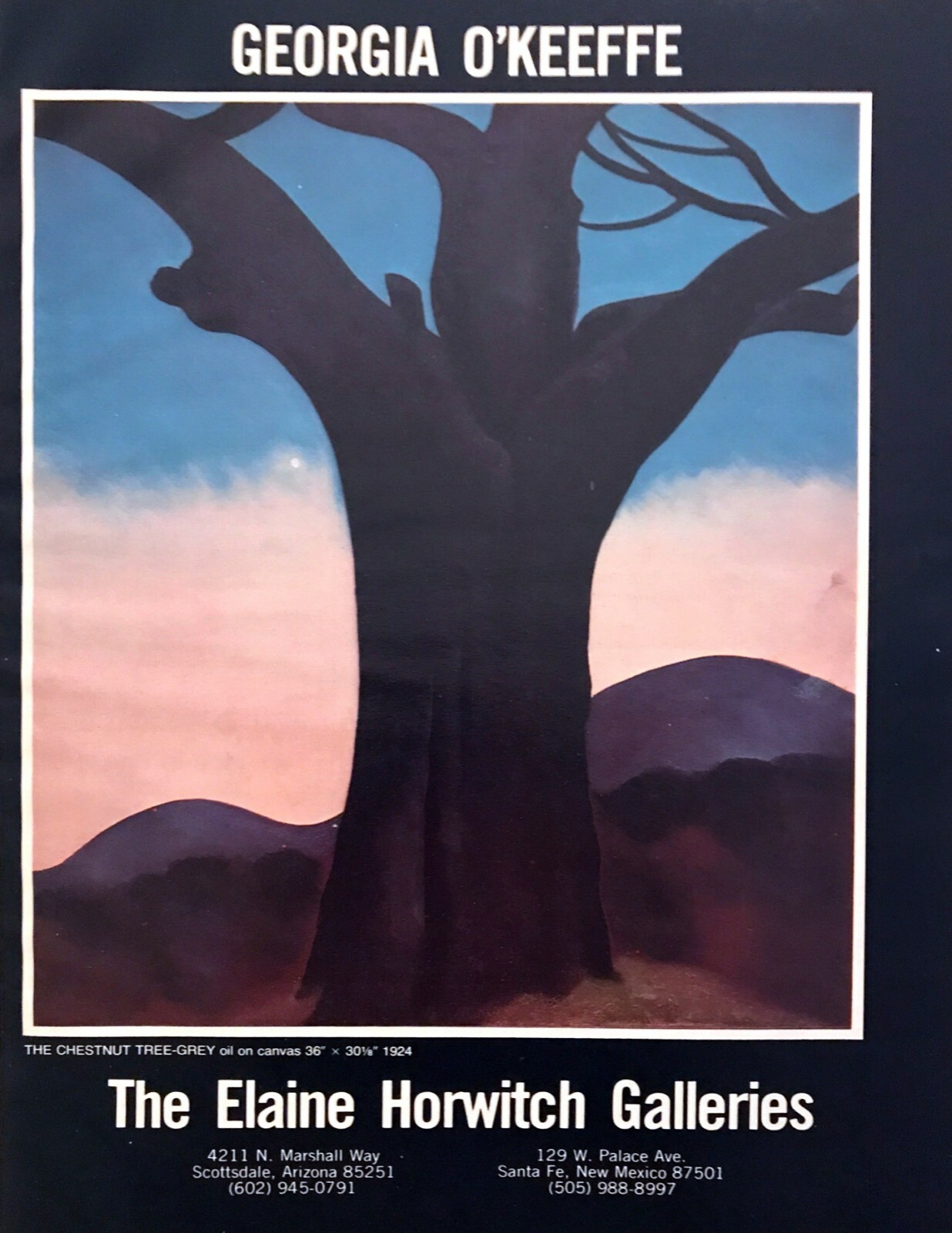 1924 Georgia O’Keeffe “The Chestnut Tree Grey” painting Arizona Gallery print ad