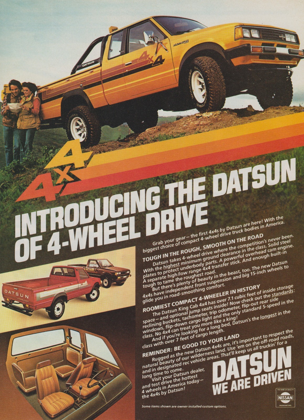 1980 Datsun 4×4 Pickup Truck – Mountain Hiking Couple Read Map – Print Ad Photo