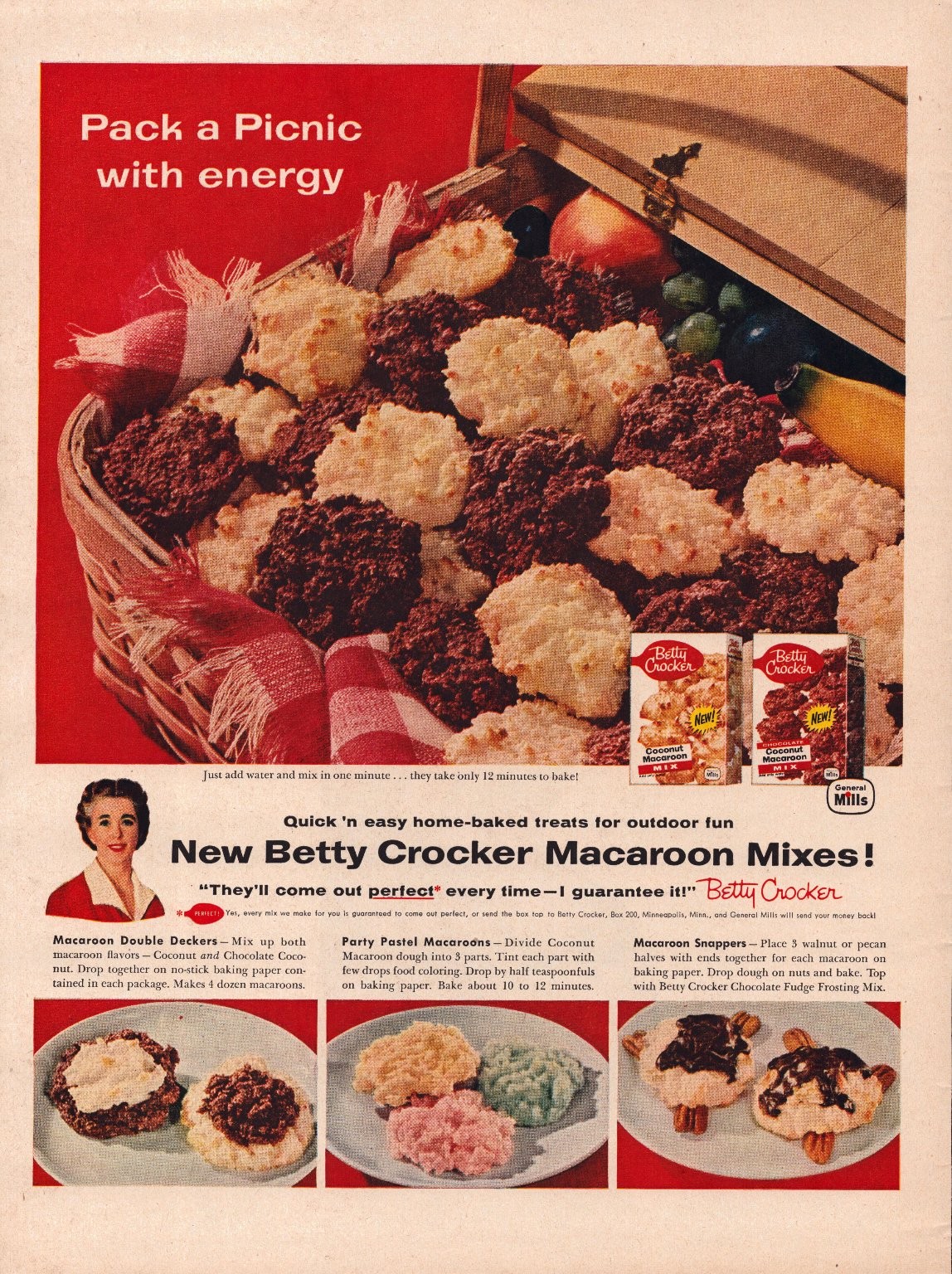 Betty Crocker Life Magazine Ad Macaroon Mixes 1950s Picnic Baking Retro