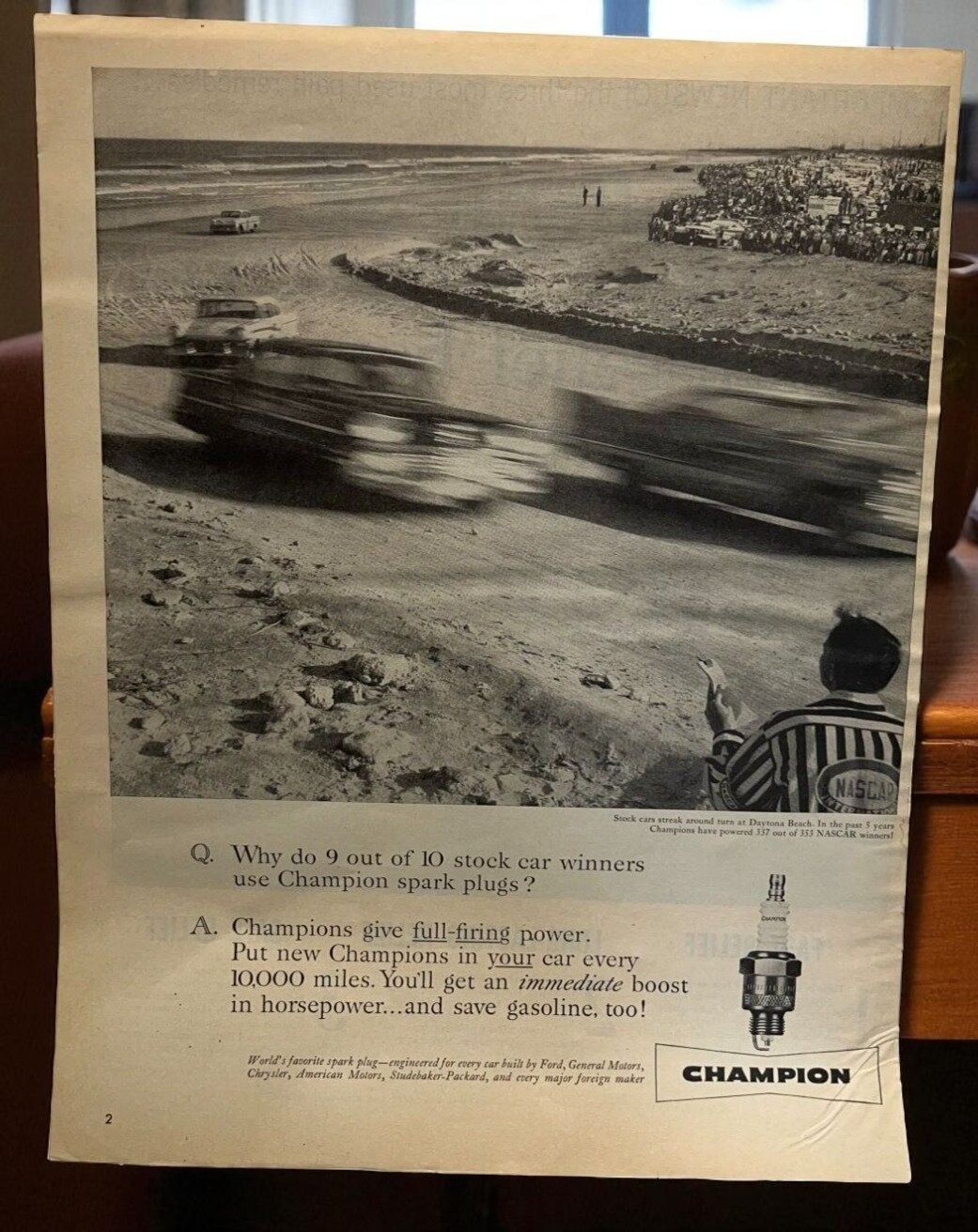 Champion Spark Plugs Vintage Print Ad 1950s NASCAR Stock Cars Daytona Beach
