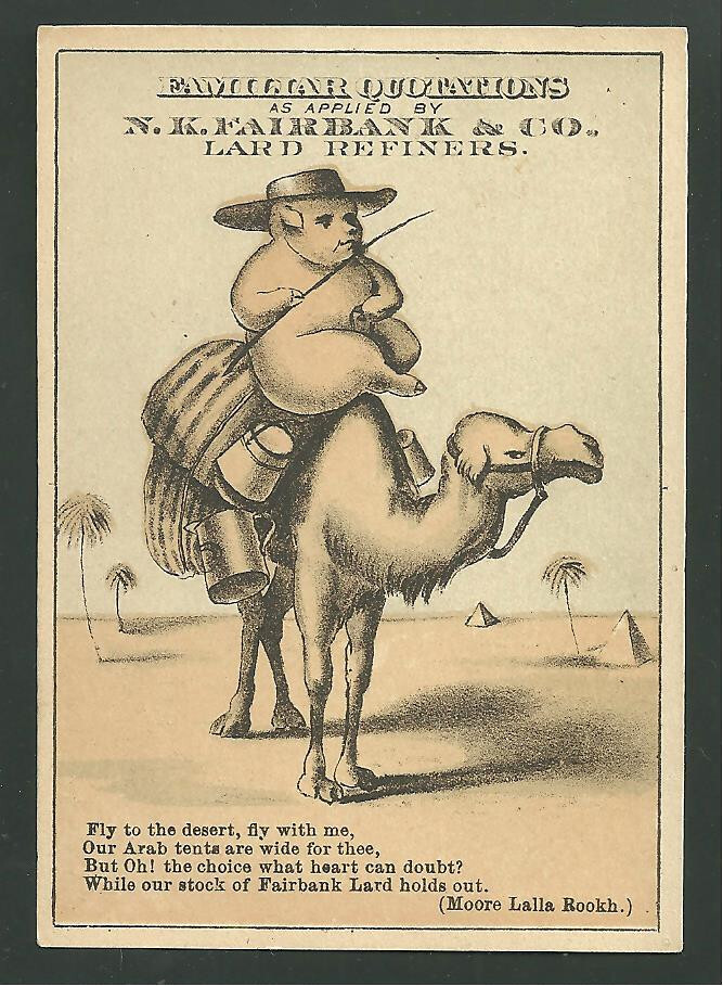 N.K. Fairbank Lard Refiners Vintage 1880s Advertising Trade Card Pig on Camel