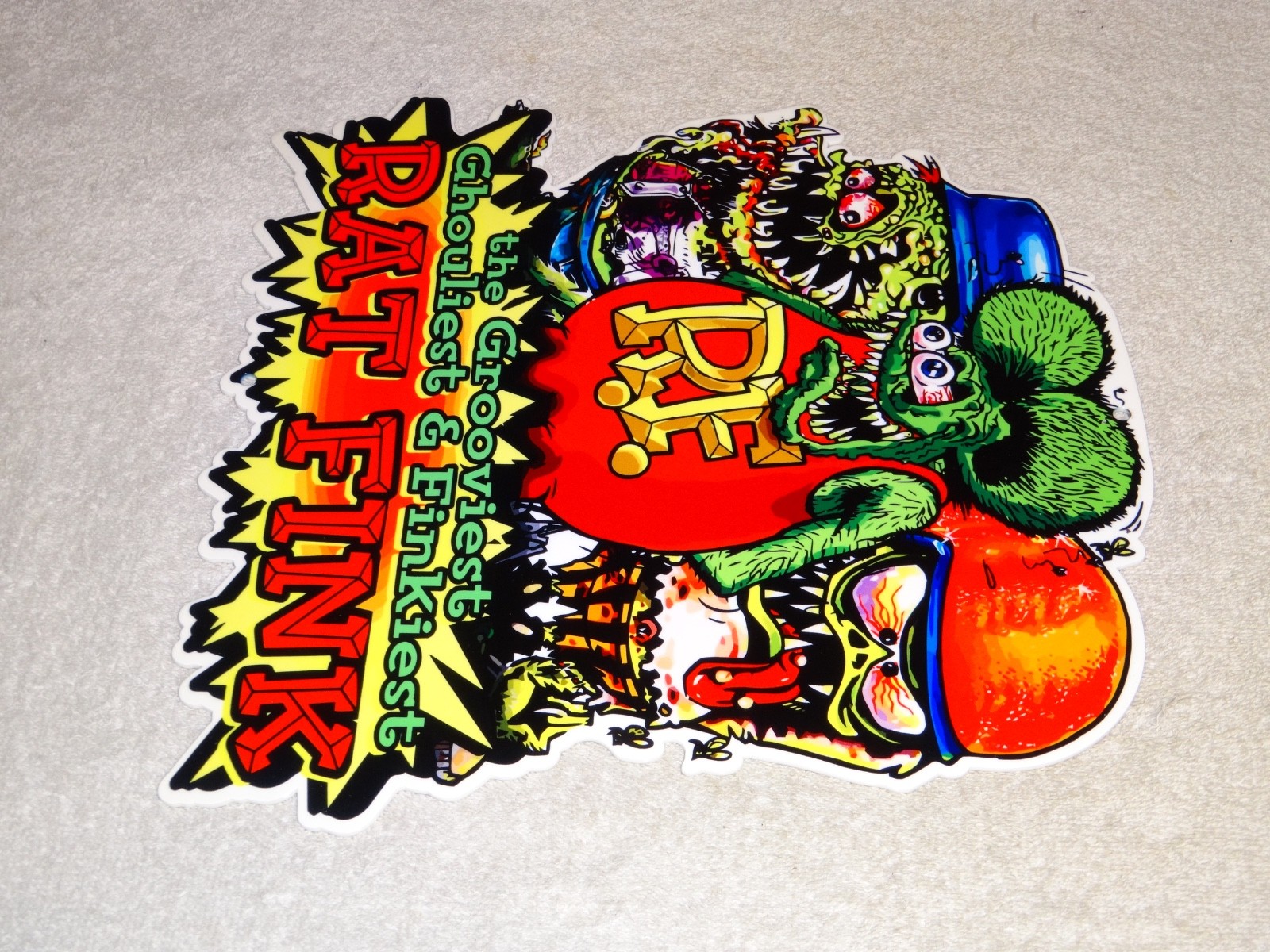 VINTAGE RATFINK W/ 2 MONSTERS ED ROTH PORCELAIN METAL RAT FINK GASOLINE OIL SIGN