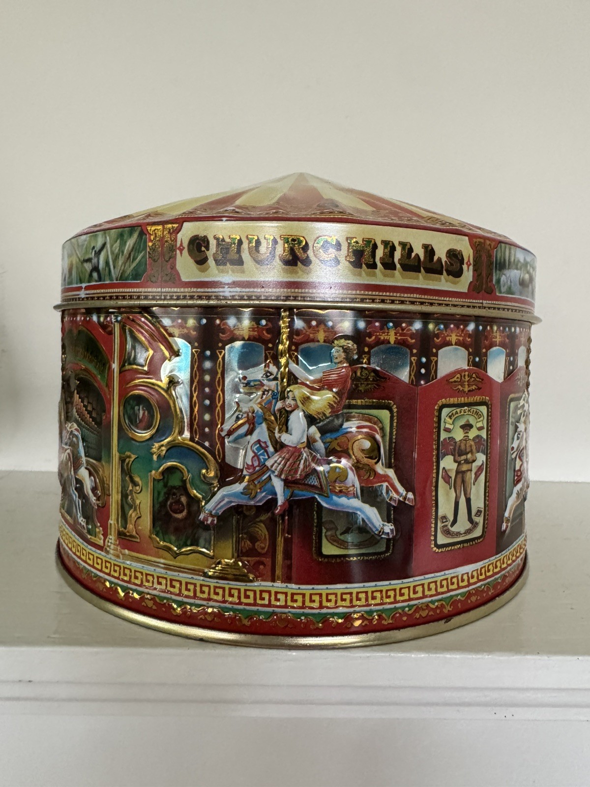 Vintage Churchill’s of London Carousel Tin Candy Container Canister with Lid, 5”