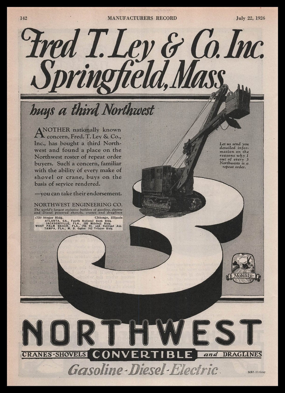 1926 Fred T. Ley & C. Springfield Massachusetts Northwest Crane Vintage Print Ad