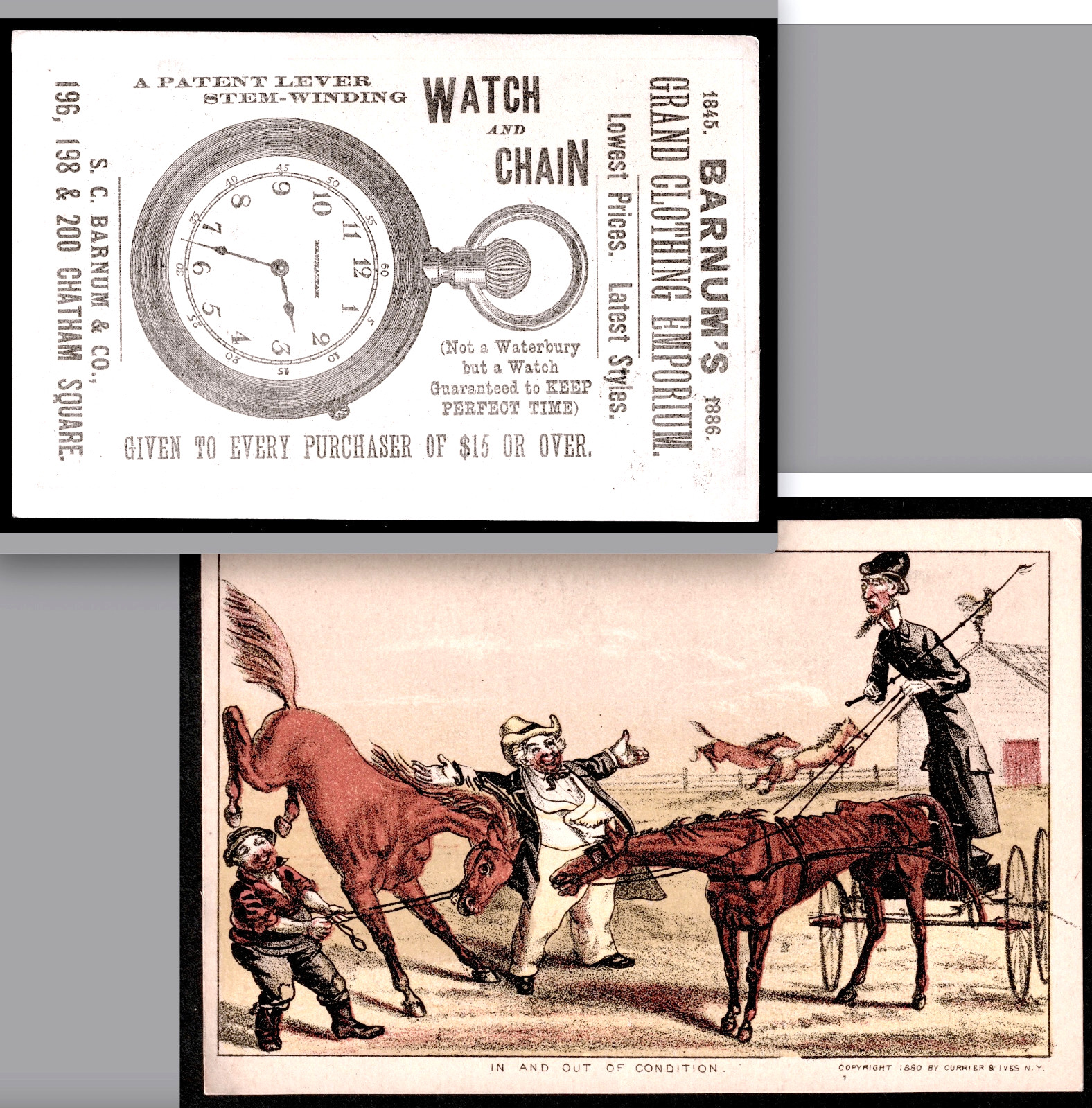 Manhattan Watch 1880’s Currier & Ives Horse Comic In Out Barnum Trade Card SR.55