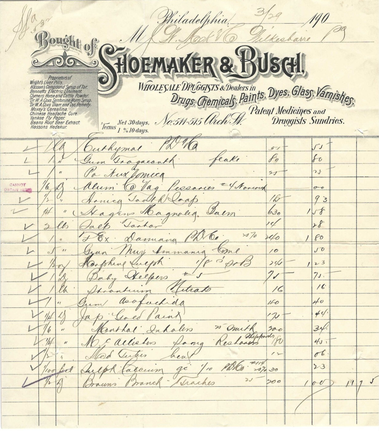 1900 Invoice Shoemaker & Busch Druggists Drugs Paint Varnish Philadelphia PA