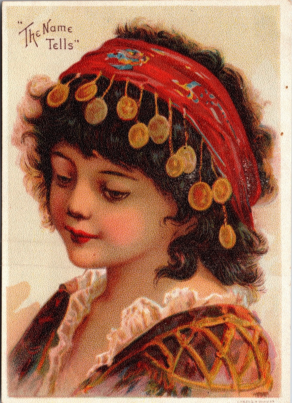 1880’s Beautiful Victorian Gipsy Girl Fortune Teller Round Oak Stoves Trade Card