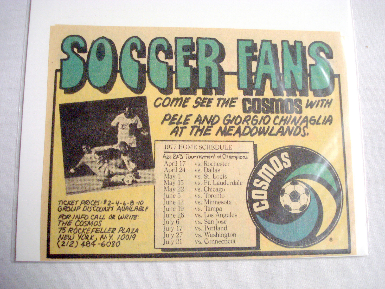 1977 Color Ad Cosmos Soccer Schedule Pele, Giorgio Chinaglia