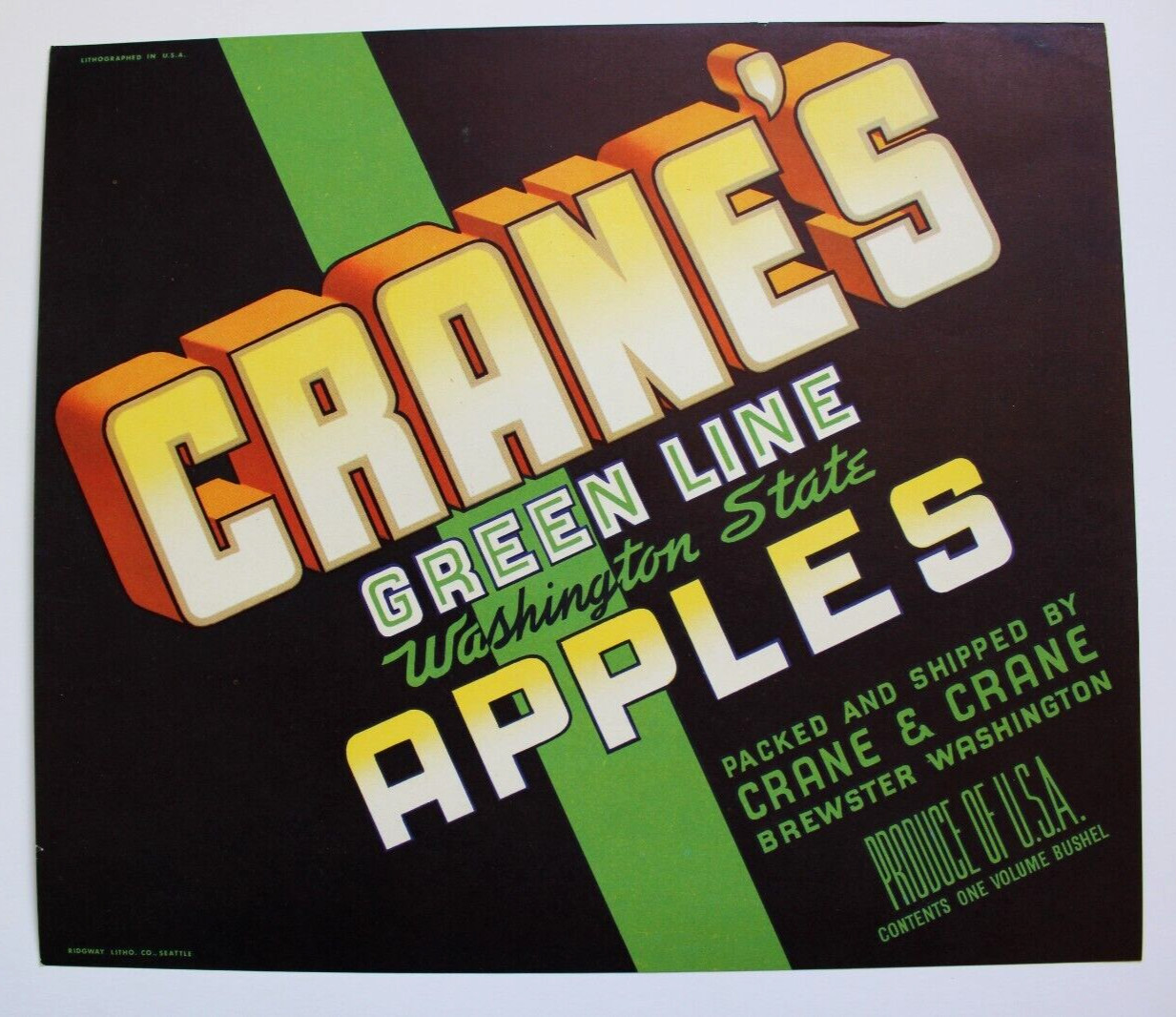 Original CRANE’S GREEN LINE apple crate label Brewster, Washington Crane & Crane