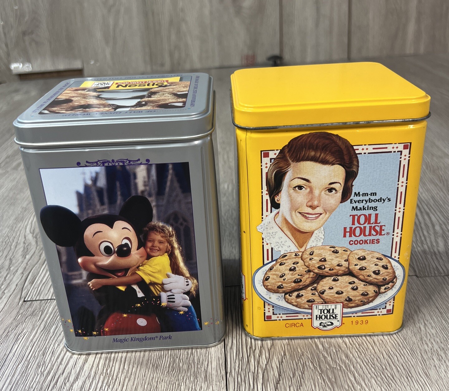 Set Of 2 Vintage Collector’s Nestle Toll House Cookie Tins Recipe And Disney