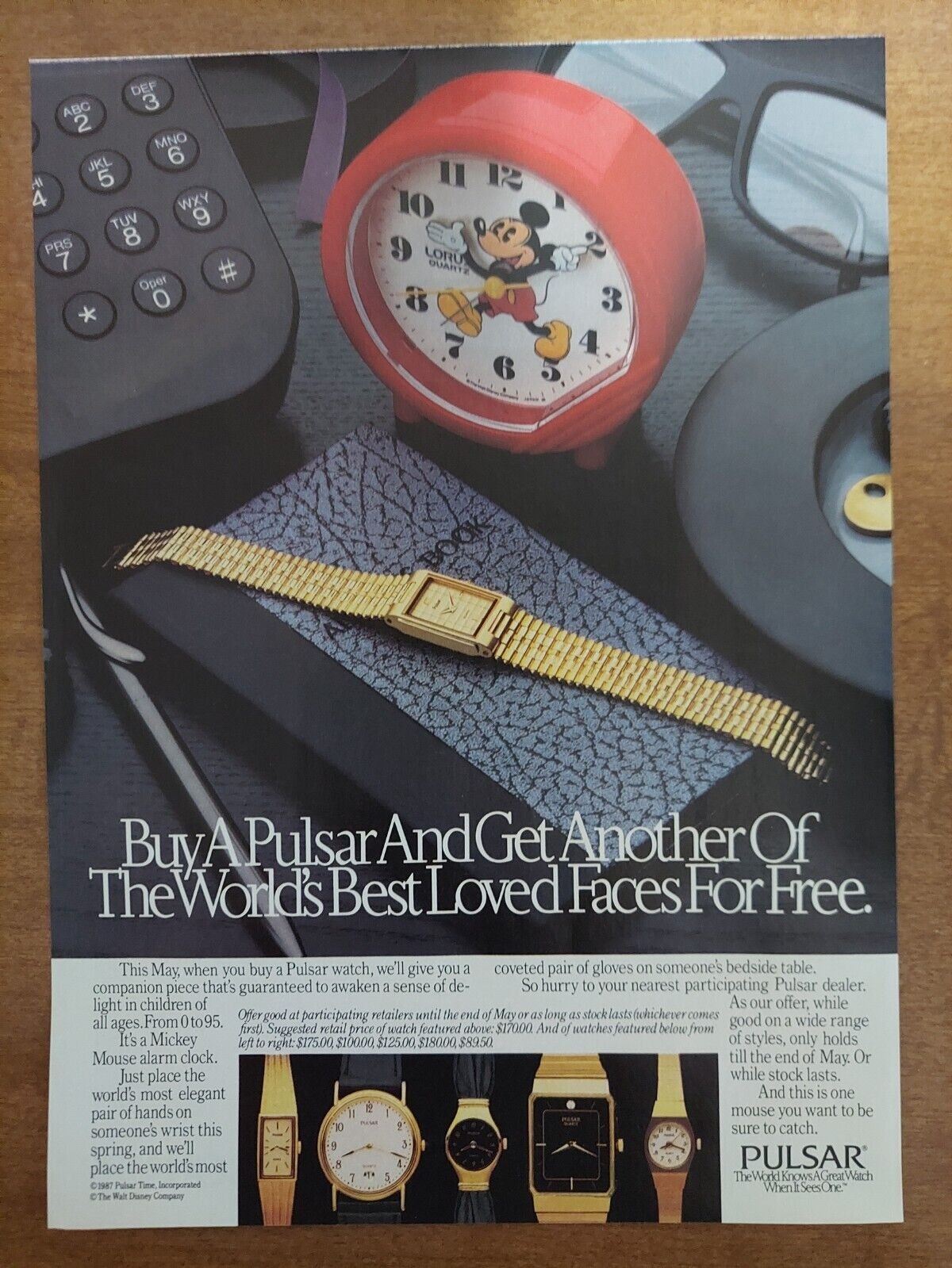Pulsar Time Inc 1987 Vintage Print Ad Wristwatches And Mickey Mouse Alarm Clock