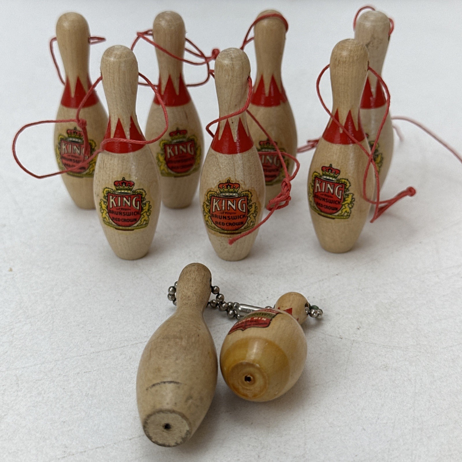 8 Vintage King Brunswick Red Crown Wood Bowling Duck Pin String Keychains