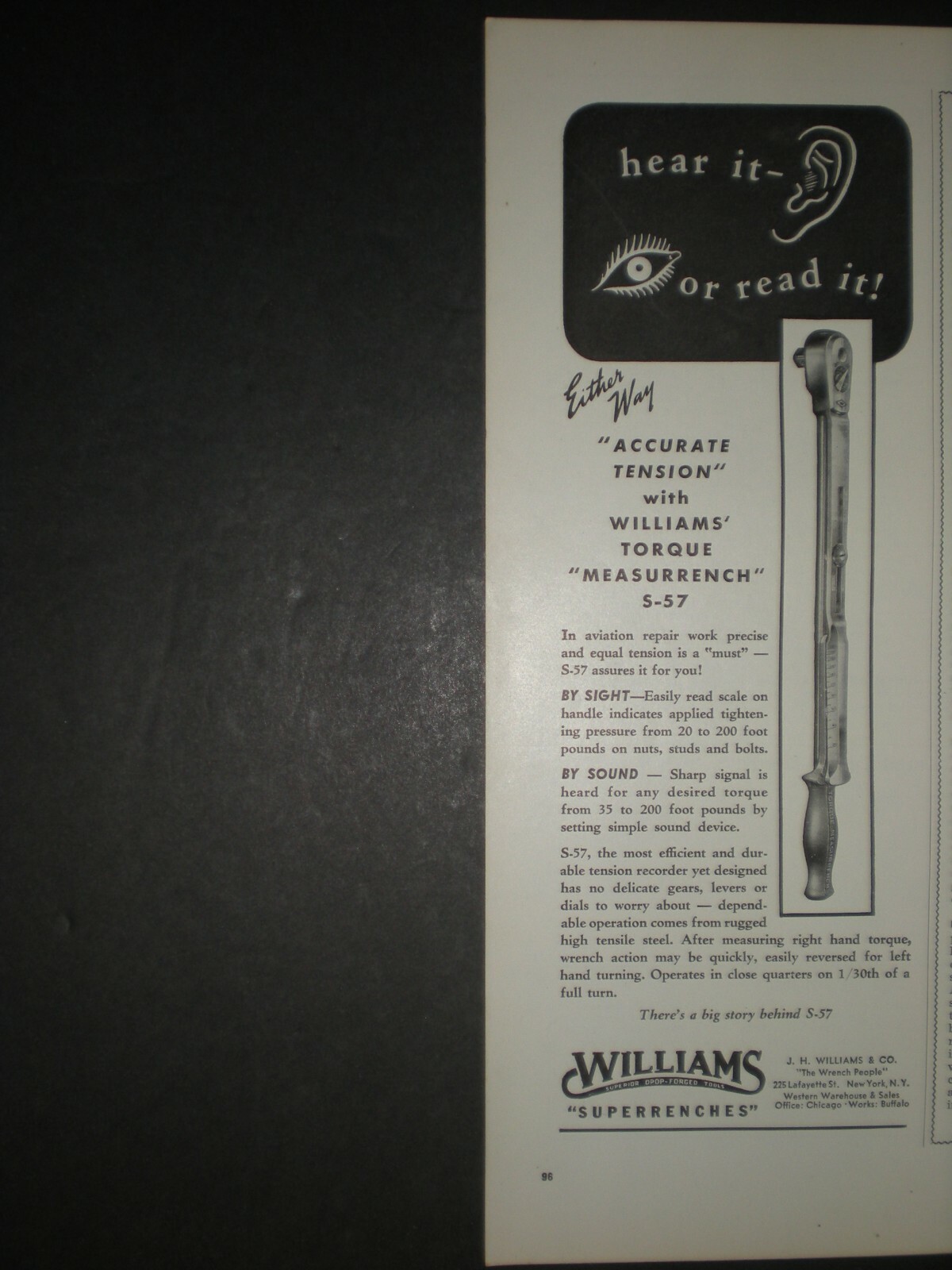 1940 WILLIAMS TORQUE MEASURRENCH S-57 vintage TOOL Trade print ad