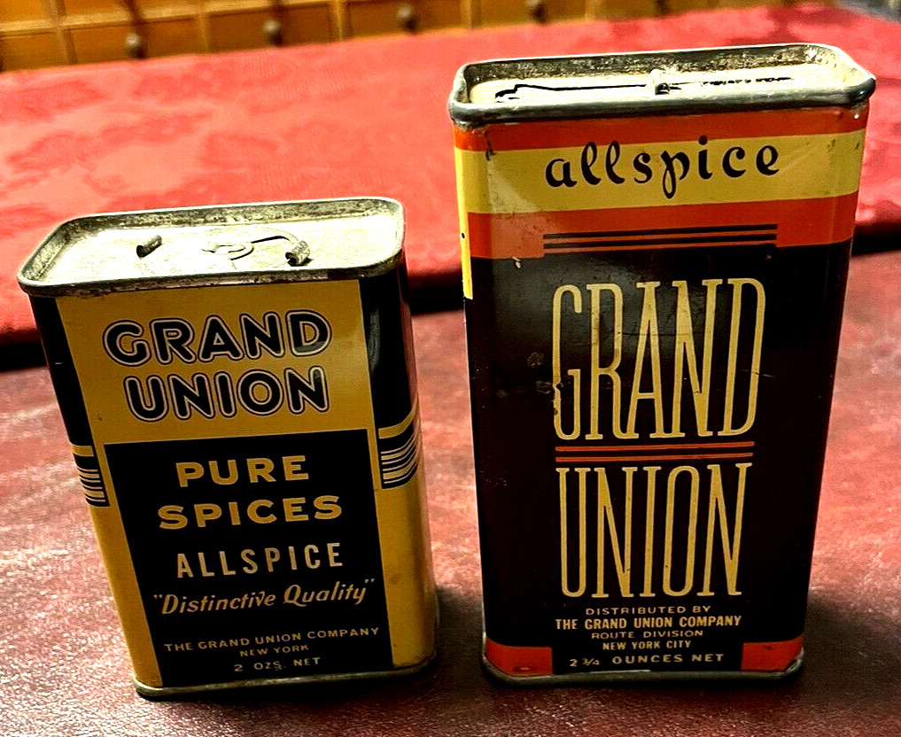 ANTIQUE ALL METAL TIN LITHOGRAPHED GRAND UNION SPICE TIN CAN LOT ART DECO