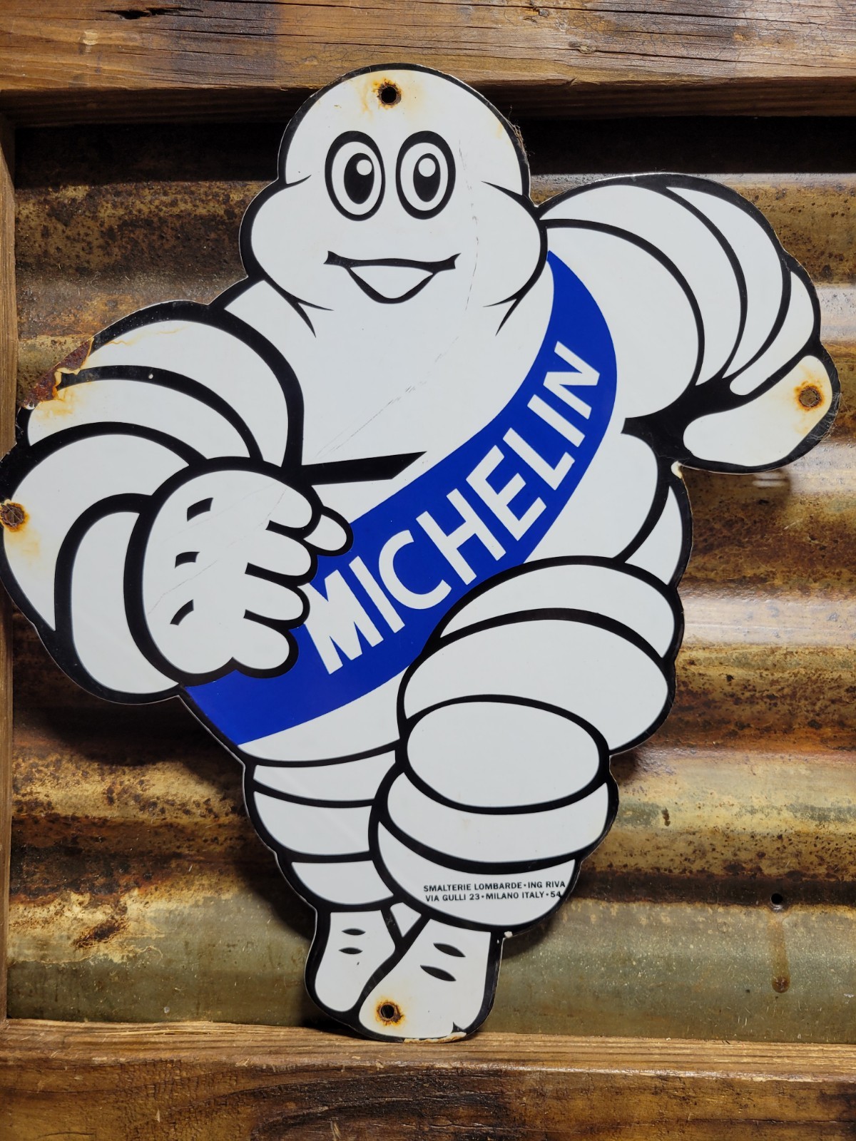 VINTAGE MICHELIN MAN SIGN 16″ TIRE AUTOMOBILE CAR PART SUPPLY OLD PORCELAIN SIGN