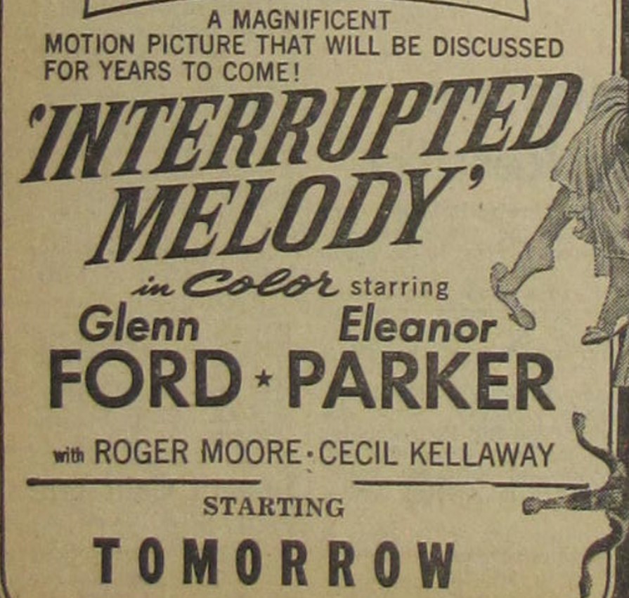 Vintage 1955 INTERRUPTED MELODY Roger Moore Movie Newspaper Print Ad