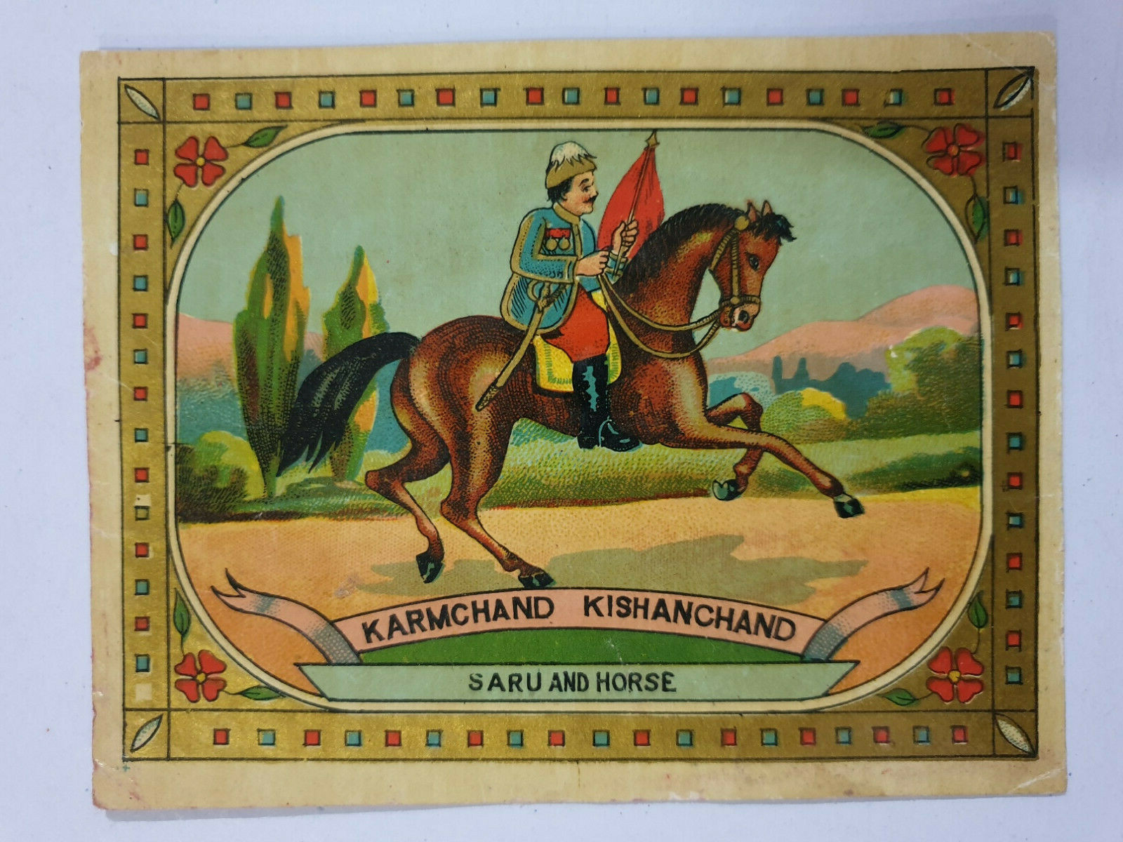 India Vintage Label SARU AND HORSE 5in x 3.75in