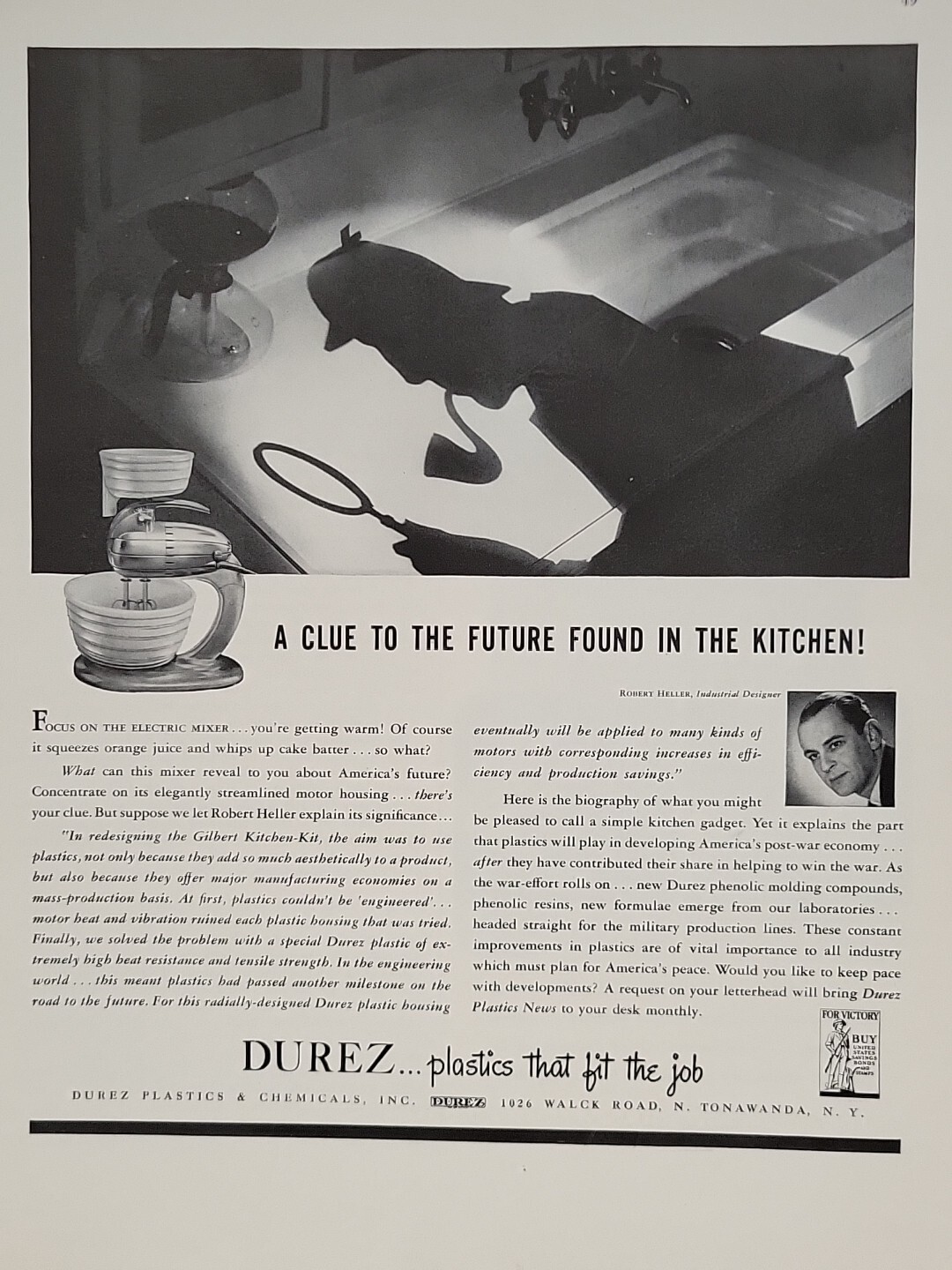1942 Durez Plastics Fortune WW2 Print Ad Q2 Detective Pipe Magnifying Glass