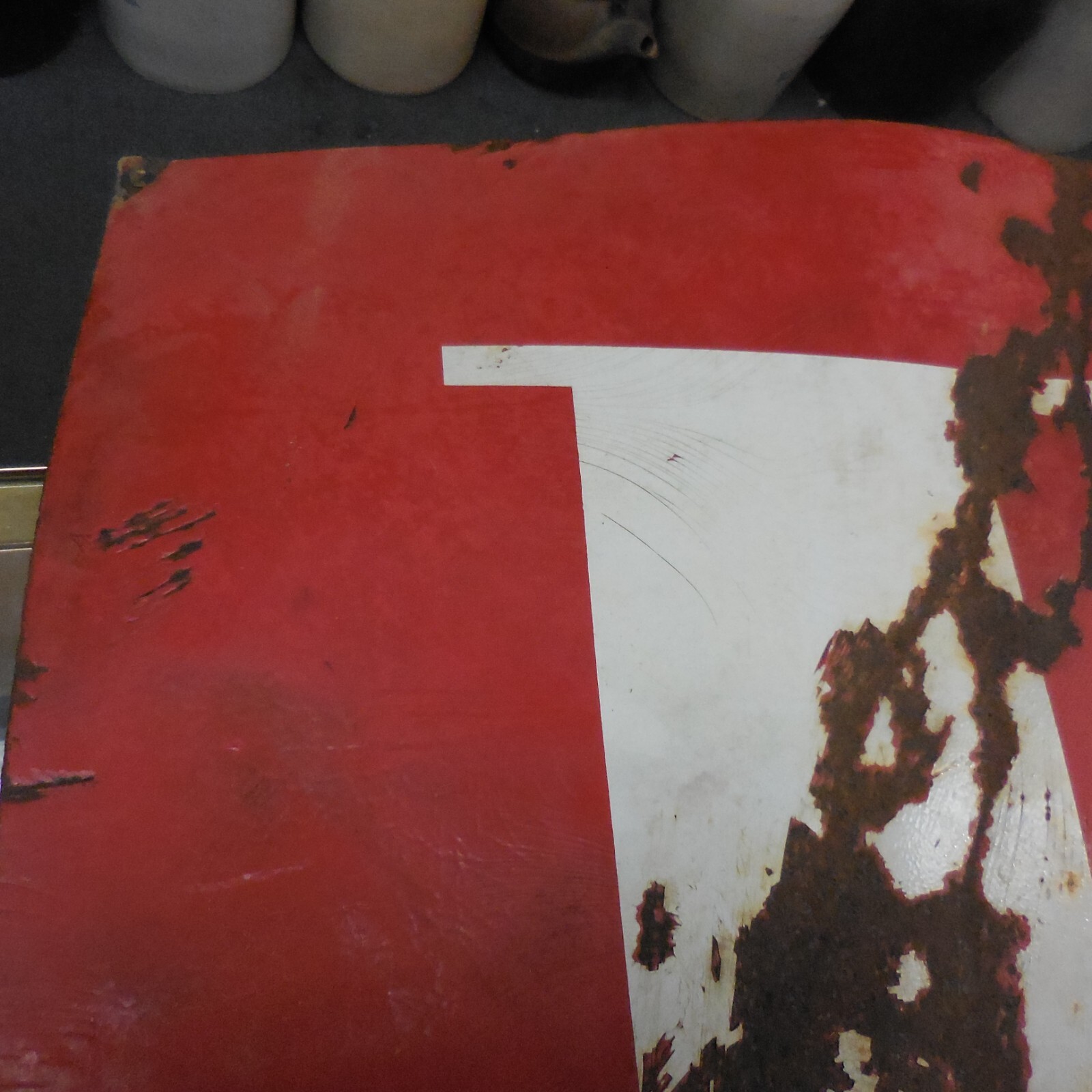 LARGE VINTAGE METAL SIGN WITH BENDS & LARGE “E” IN THE MIDDLE 24 X 24 INCHES #SP