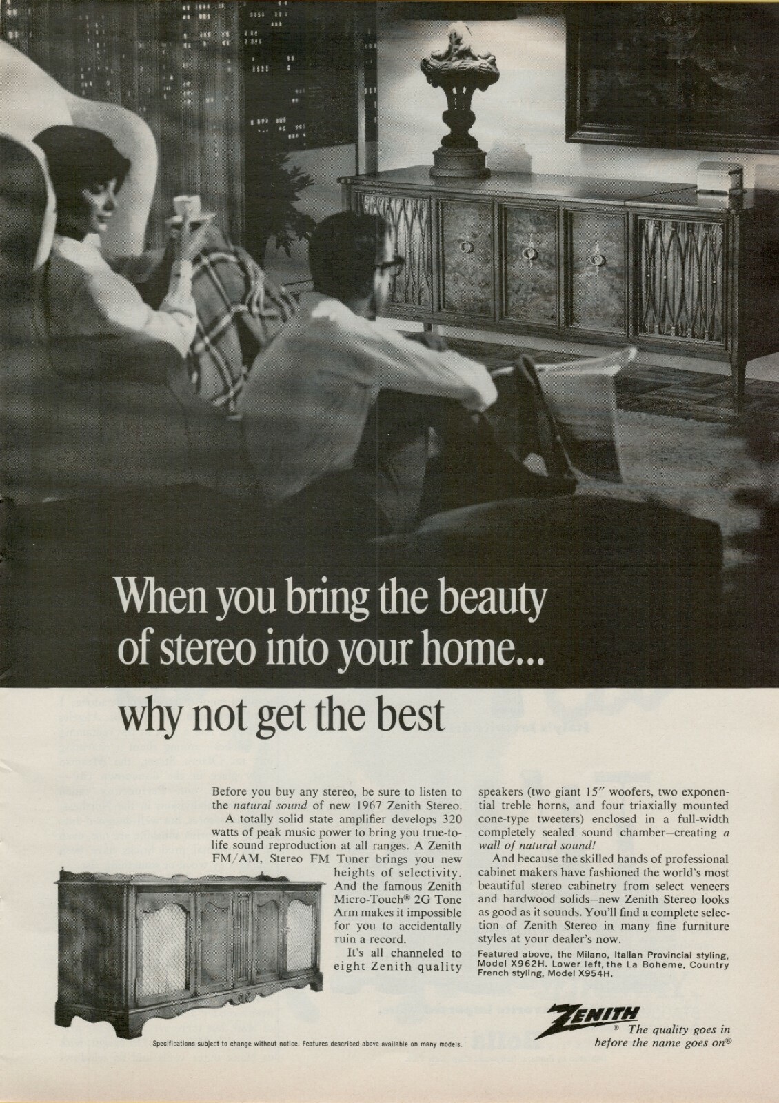 1966 Zenith Stereo Console AM/FM Milano Boheme French Styling Vintage Print Ad