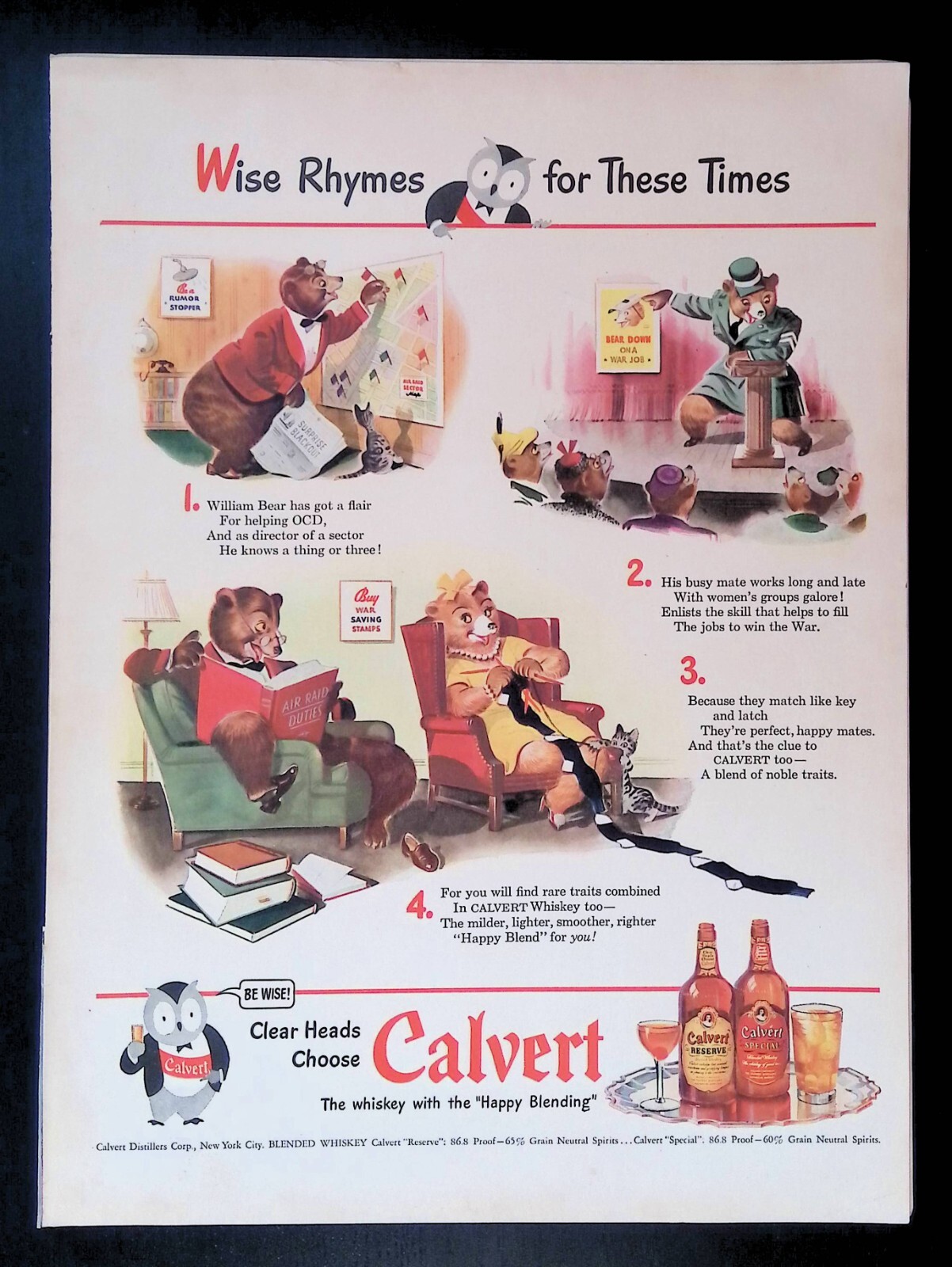 Print Ad 1943 Calvert Reserve Special Extra Bear Owl Be Wise