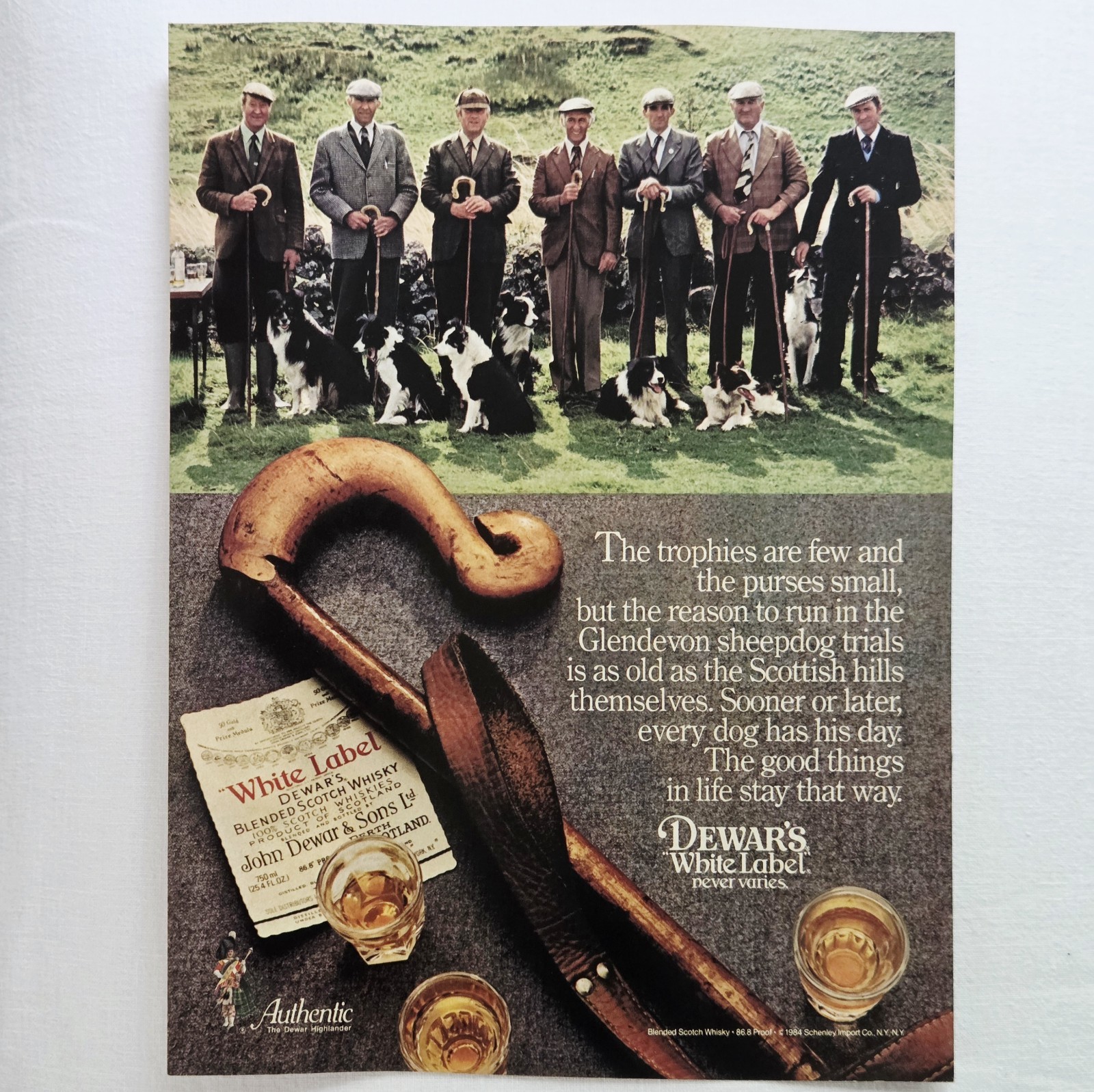 Vintage 1984 Dewar’s White Label Scotch Ad Glendevon Sheepdog Trials Collie Art