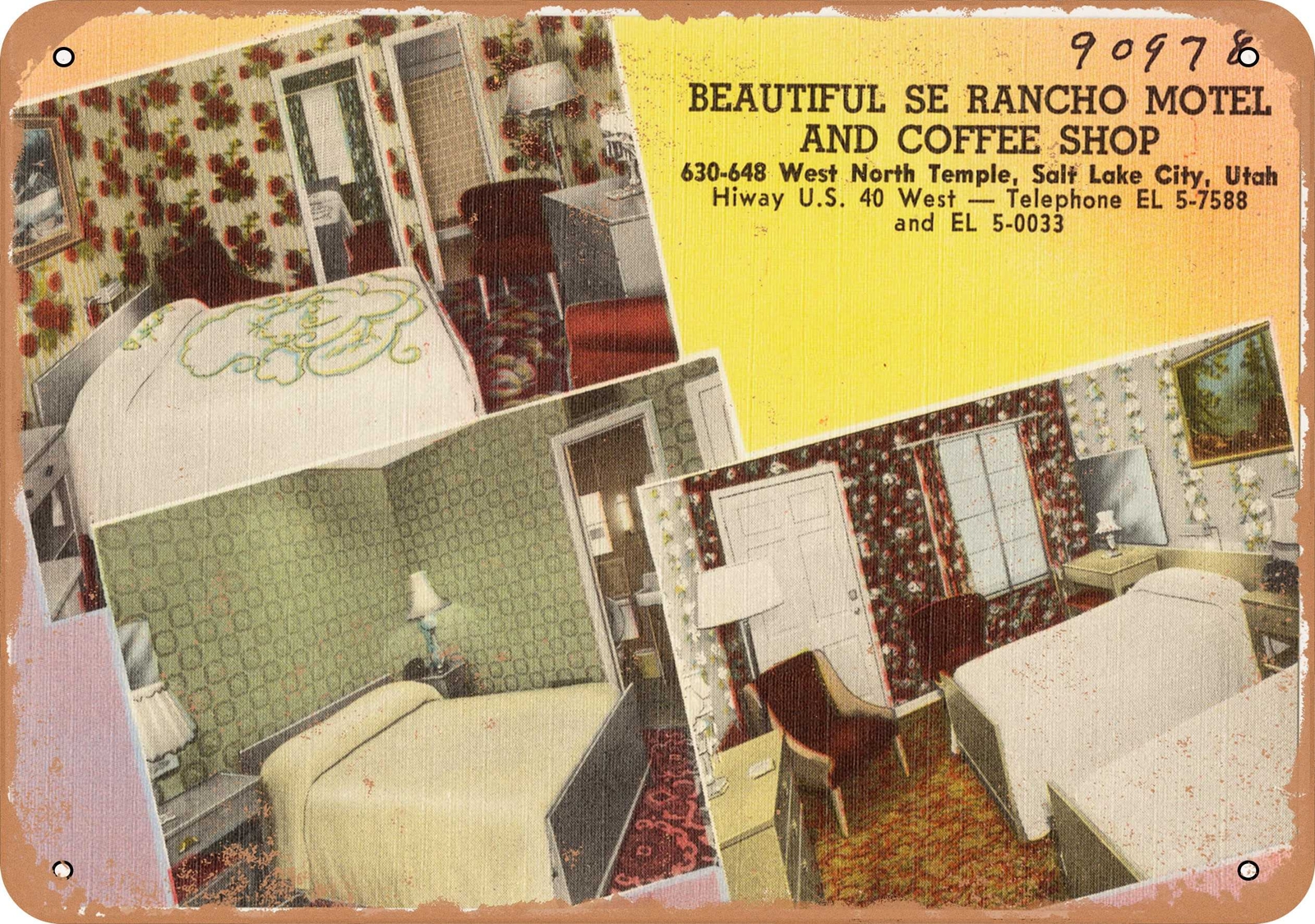 METAL SIGN – Utah Postcard – Beautiful Se Rancho Motel and Coffee Shop, 630 – 6