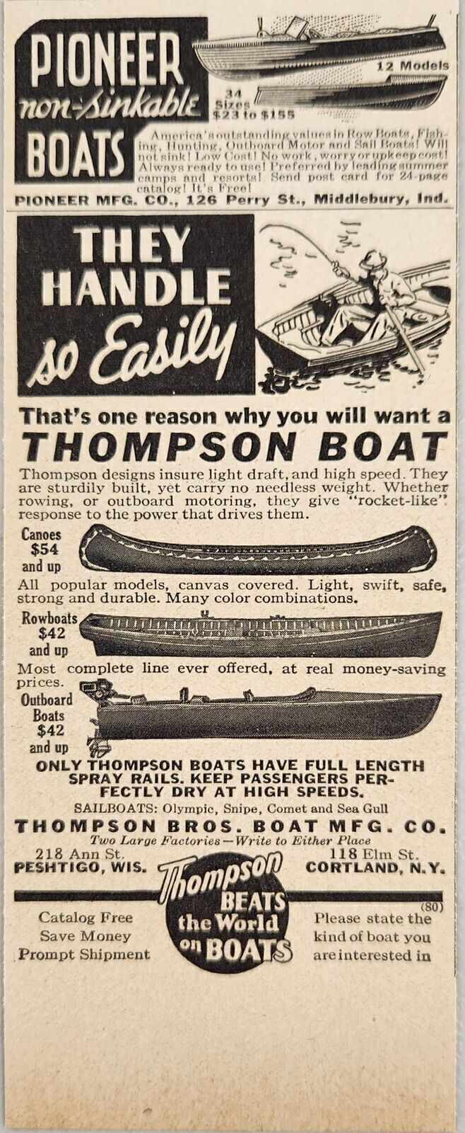 1937 Print Ad Thompson Brothers Boat Peshtigo,Wisconsin Cortland,New York