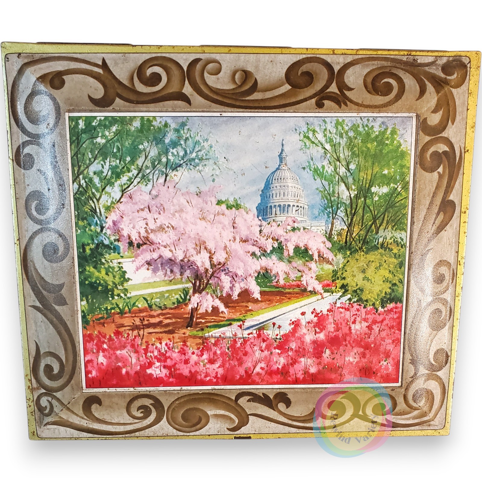 Vintage Large Sunshine Biscuits Tin Washington DC Capitol Cherry Blossoms 12″
