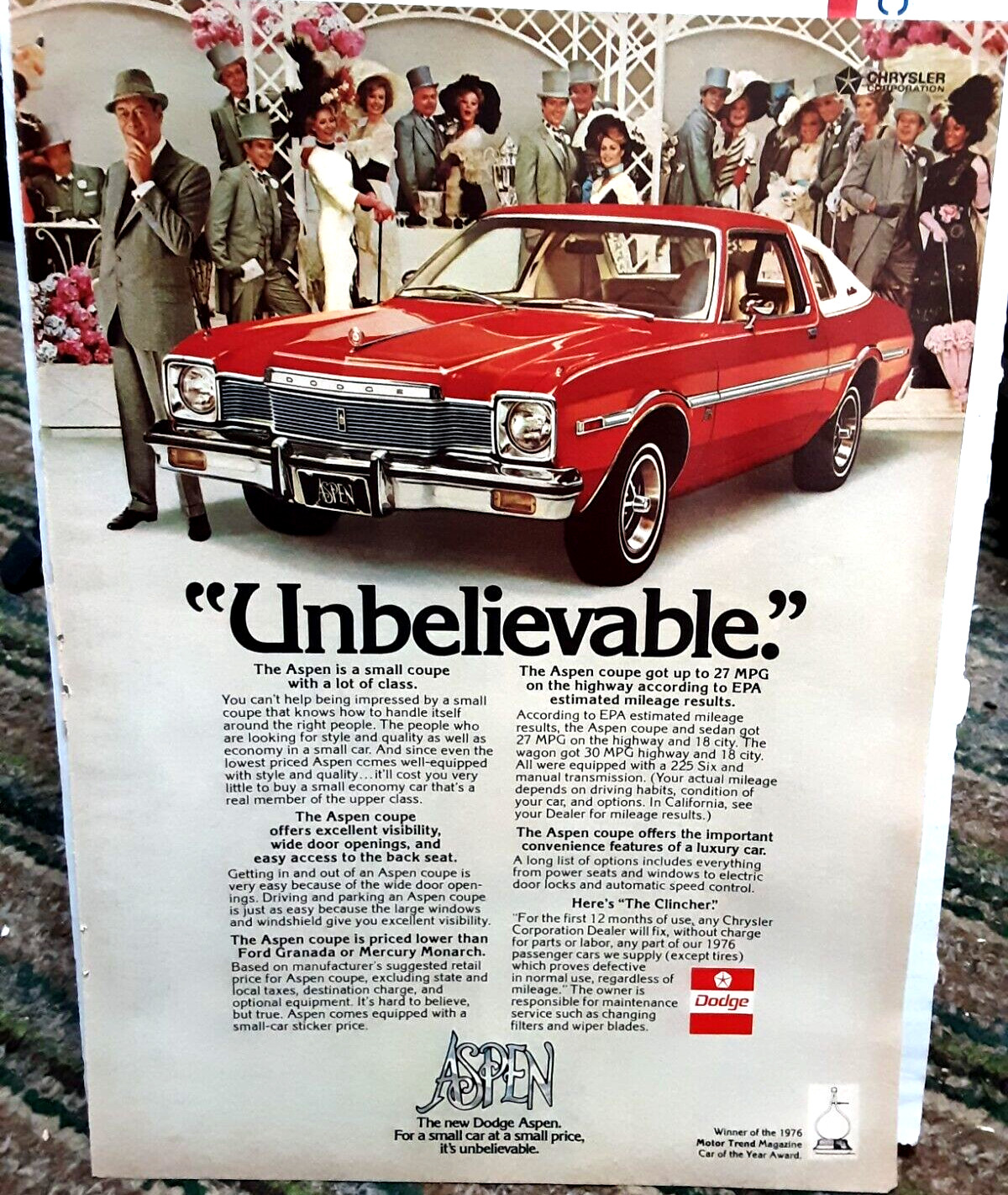 Dodge Aspen Unbelievable 1976 Original Print Ad vintage