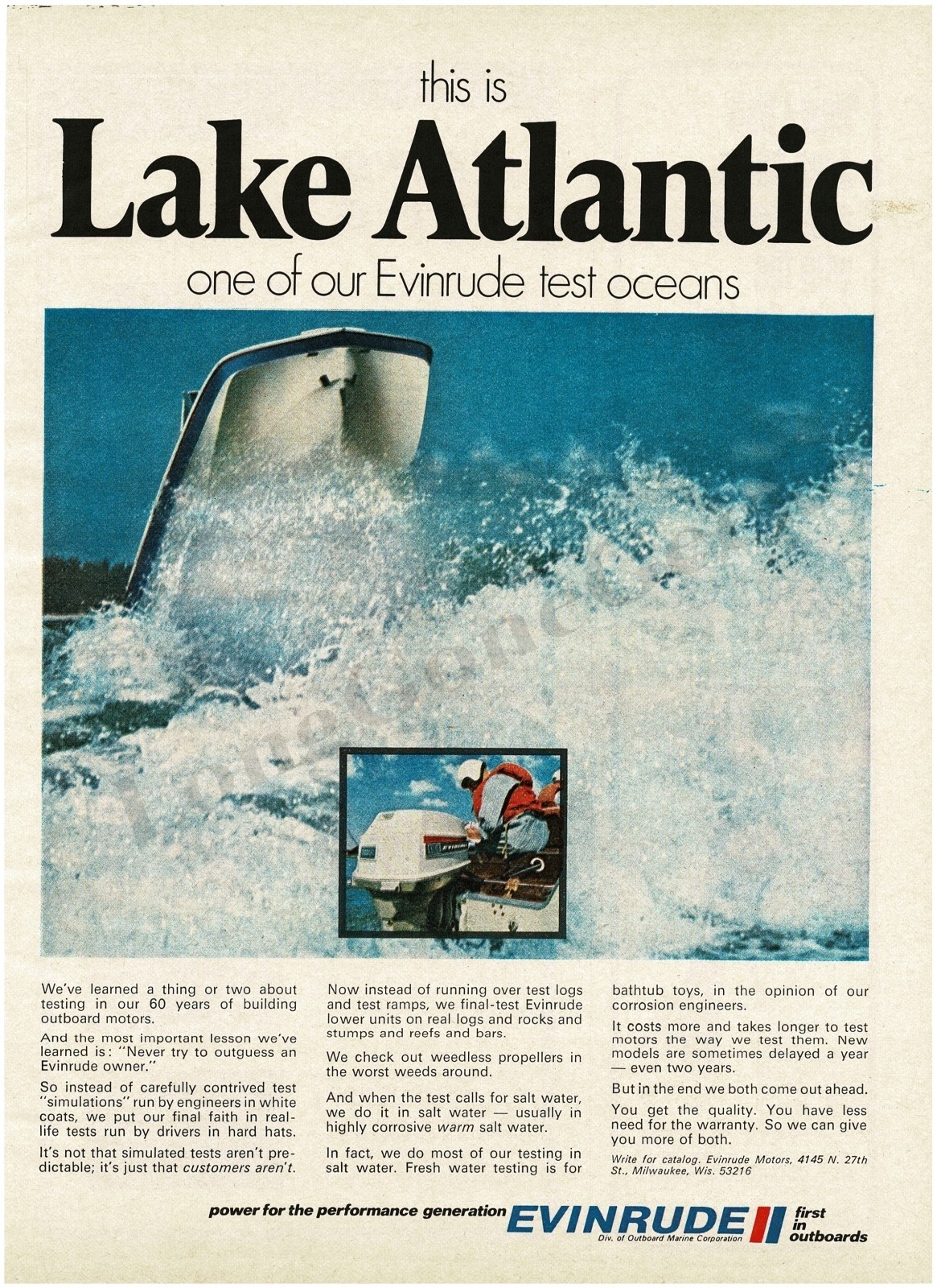 1970 EVINRUDE Outboard Boat Motors Lake Atlantic Test Ocean Vintage Ad