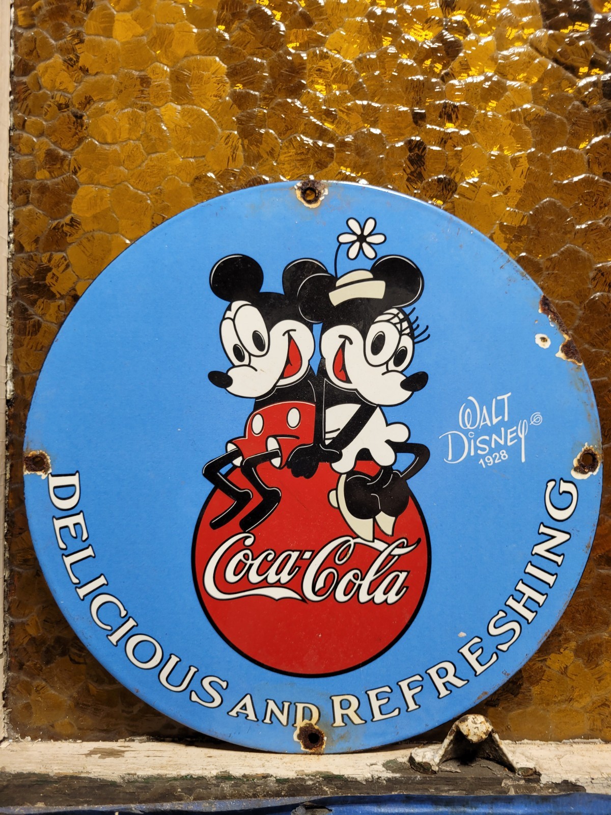 VINTAGE DISNEY PORCELAIN SIGN OLD COCA COLA MICKY MOUSE MINNIE 12″ SODA BEVERAGE