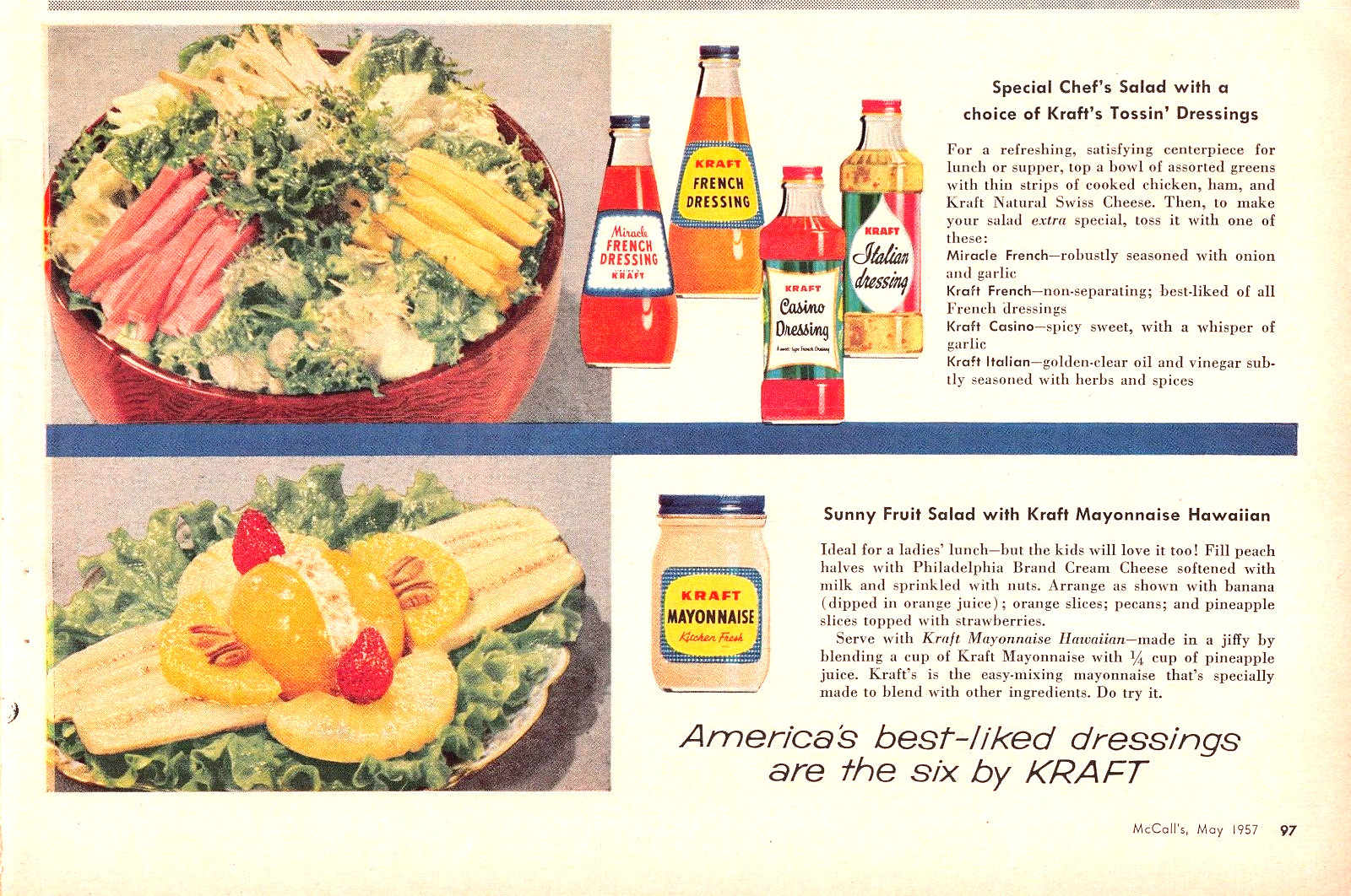 Recipes Kraft Mayonnaise and French Italian Casino Dressings Vtg Mag Print Ad