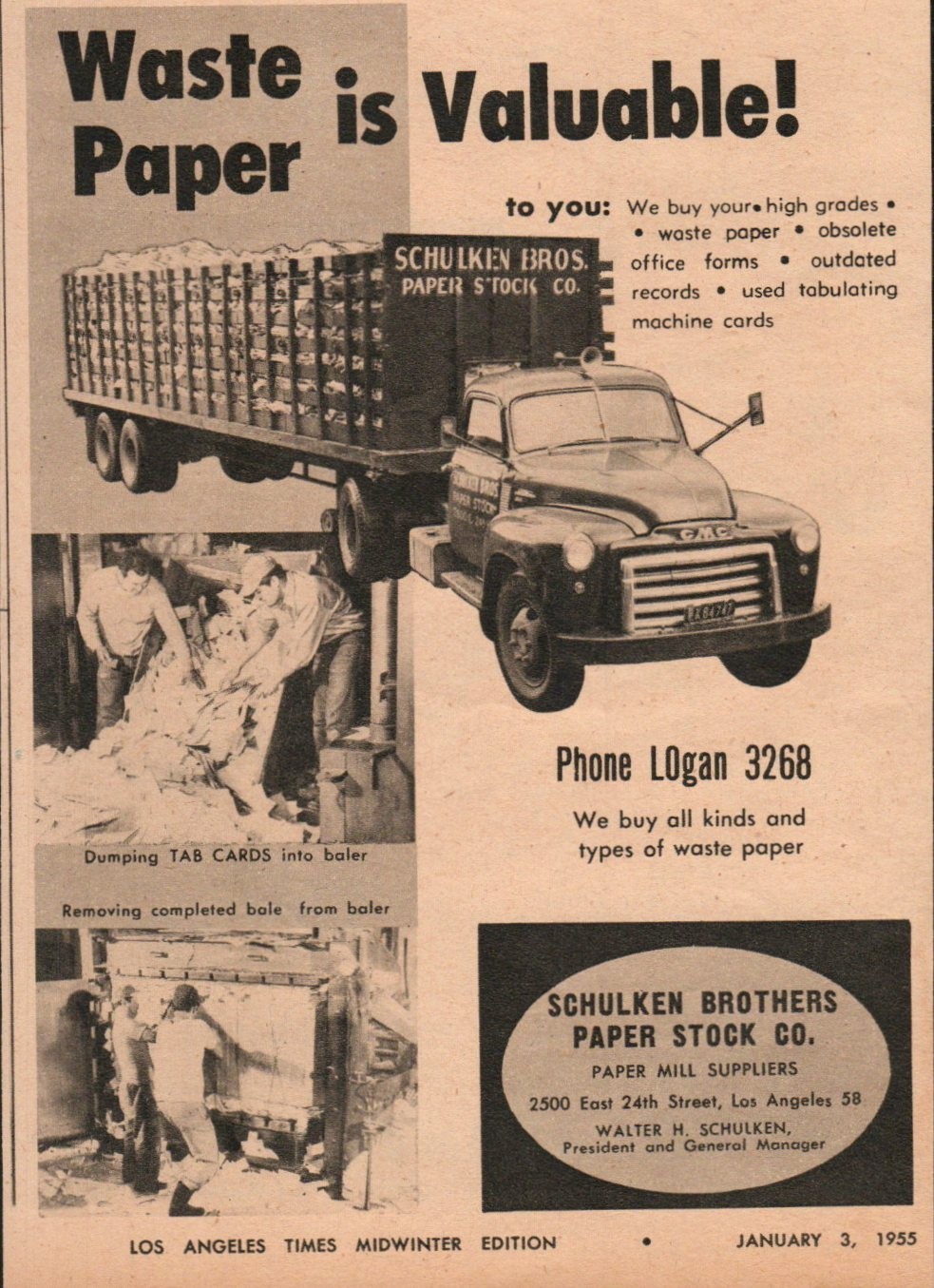 1955 Schucklen Brothers Waste Paper Stock Co Vintage Print Ad – GMC Truck