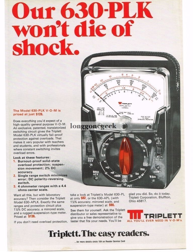 1976 Triplett 630-PLK VOM Multimeter Test Equipment Vintage Print Ad