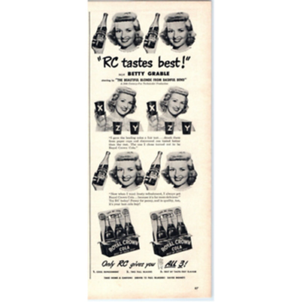 1949 Print Ad Betty Grable RC Royal Crown Cola 6 Pk Bottles Frosty Refreshment-2
