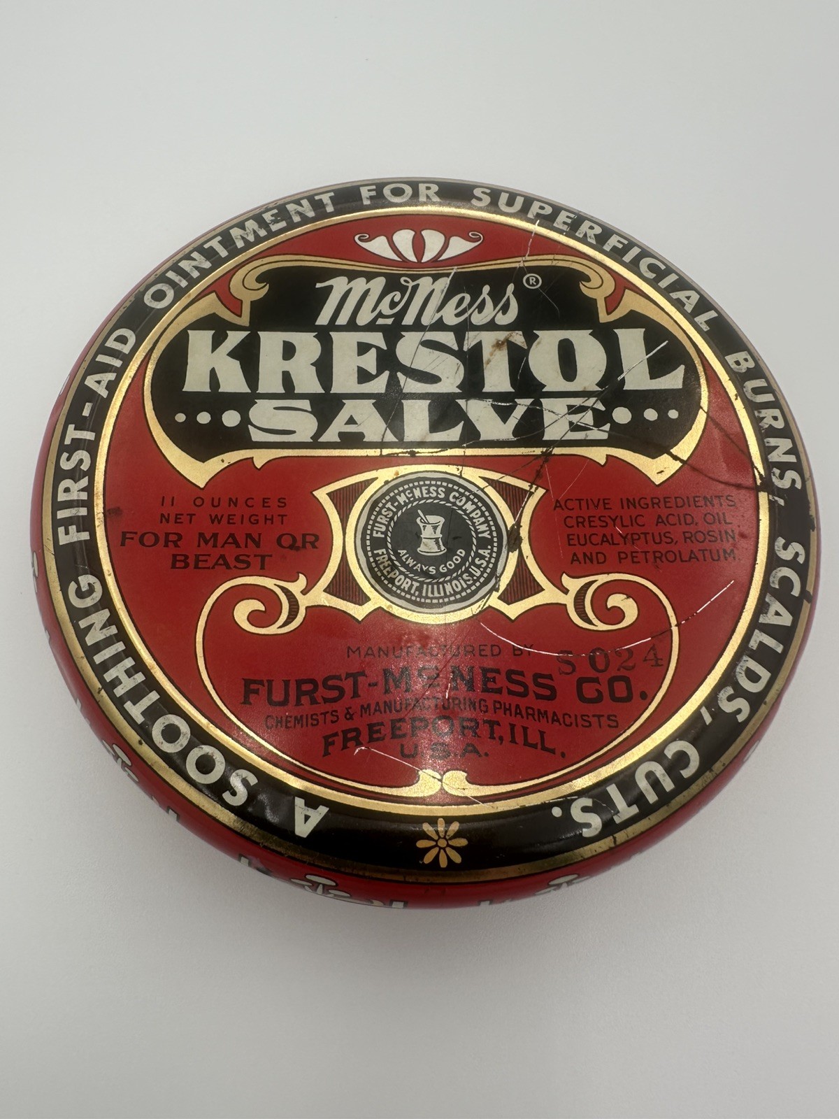 McNess KRESTOL SALVE Tin Can+ Lid Man Or Beast 11oz Vintage Empty Can