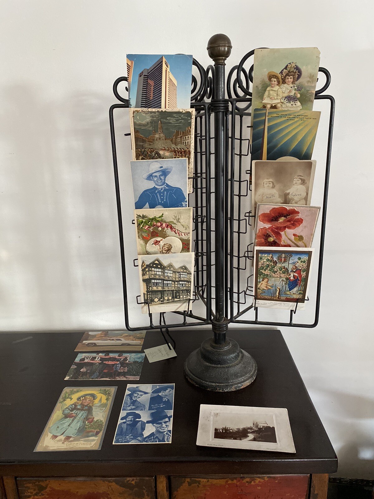 BEST Antique Postcard Stand Metal Wire Rack Rotating Cast Iron Store Display