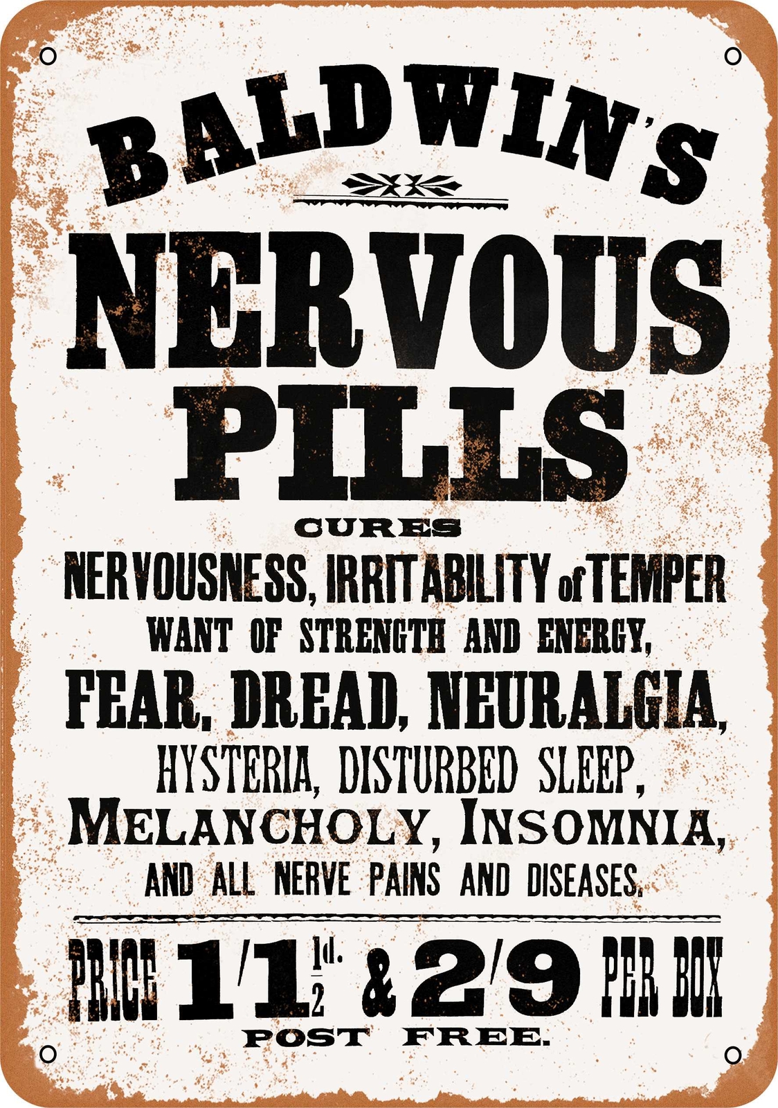 Metal Sign – Baldwin’s Nervous Pills – Vintage Look Reproduction