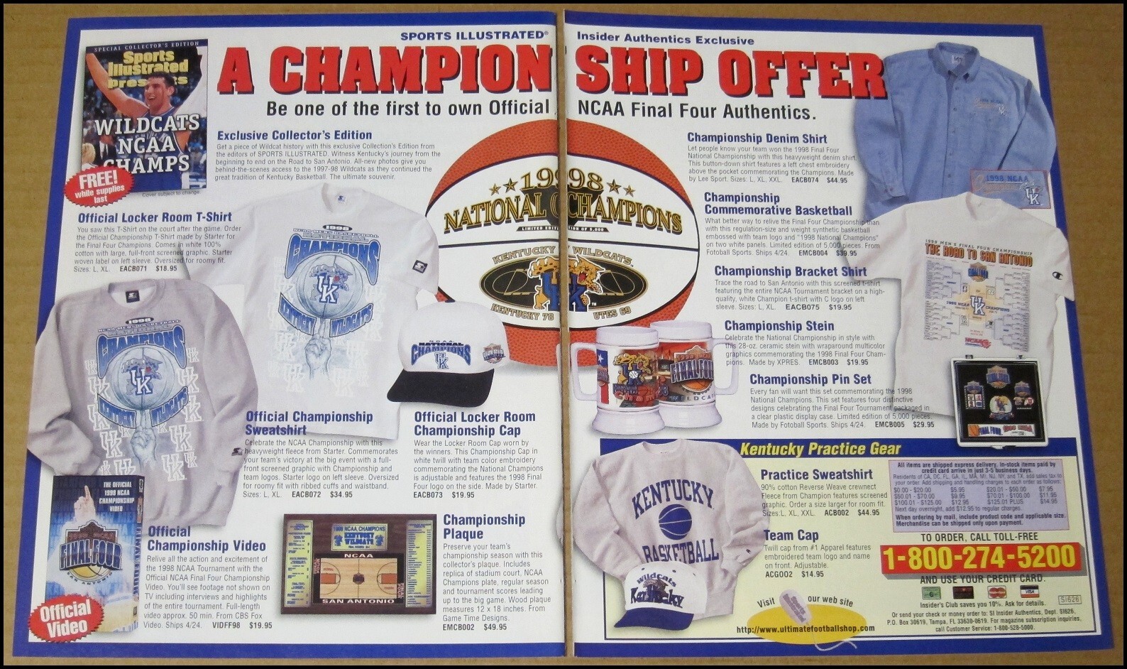 1998 Kentucky Wildcats NCAA Champs Merch 2-Page Print Ad Advertisement VTG UK