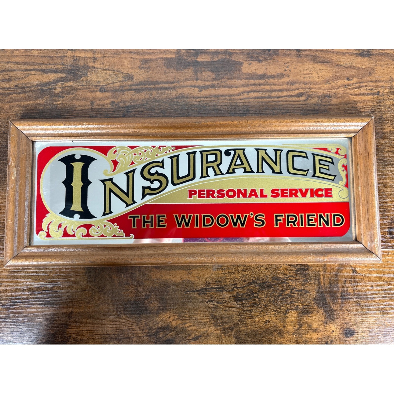 Vintage Insurance The Widows Friend Advertising Mirror Wood Frame Bill Scanlon
