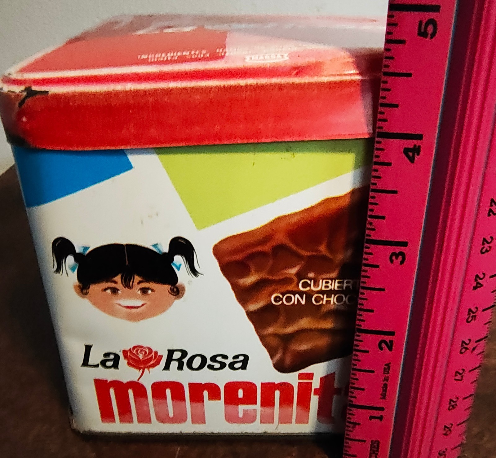 Vintage La Rosa morenitas Chocolate wafers Tin Metal Box Stash trinkets pop art