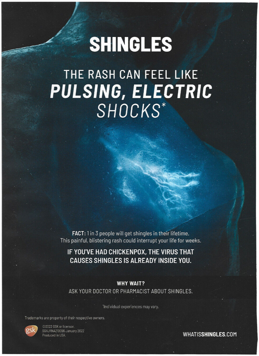 Shingles The Rash can Feel like Pulsing Electric Shocks GSK Print Ad